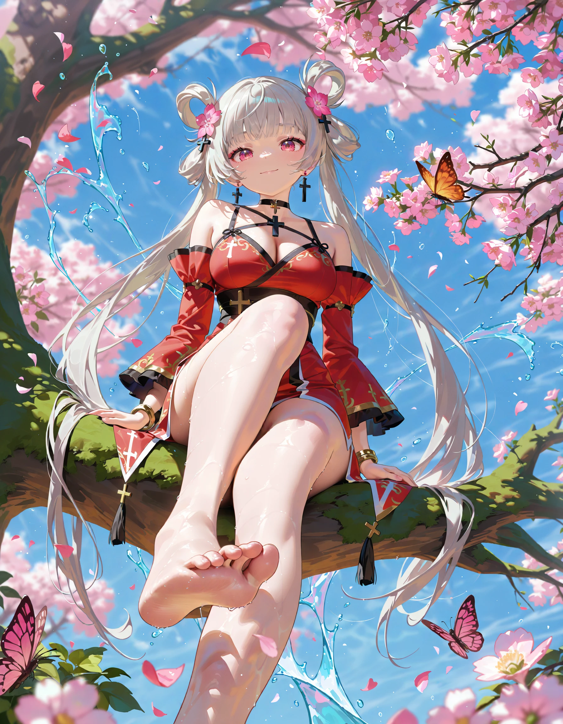 1girl, long hair, solo, barefoot, toes, soles, hair ornament, feet, flower, bangs, jewelry, butterfly, sitting, hair flower, bare legs, bug, earrings, pink flower, looking at viewer, petals, very long hair, bare shoulders, outdoors, closed mouth, pink eyes, detached sleeves, bracelet, in tree, legs, foot focus, foreshortening, wide sleeves, twintails, cross, day, grey hair, tree, foot out of frame, choker, breasts, blurry, sky, water, hair rings, sitting in tree, red eyes, long sleeves, smile, 