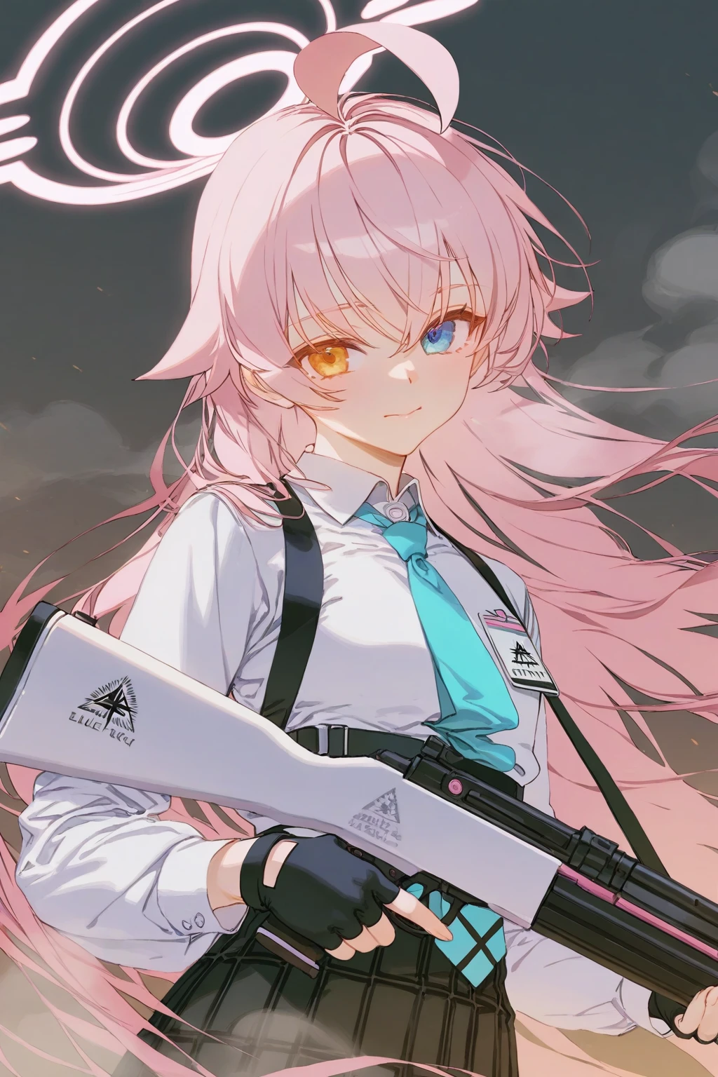 -chosen colorbox, 1girl, solo, halo, weapon, hoshino \(blue archive\), long hair, gloves, gun, blue eyes, fingerless gloves, holding weapon, looking at viewer, holding, black gloves, shotgun, smoke, pink hair, necktie, holding gun, bangs, blue necktie, rifle, upper body, shirt, white shirt, closed mouth, floating hair ciloranko,rhasta,very aesthetic,high definition,masterpiece,illustratio,best qualityn,artist:hxxg,{pigeon666},[ciloranko,wlop][artist:ask_(askzy)],{artist:redi_(rasec_asdjh)},artist:wanke,Flat painting style,<lora:Flat painting style:0.5>,