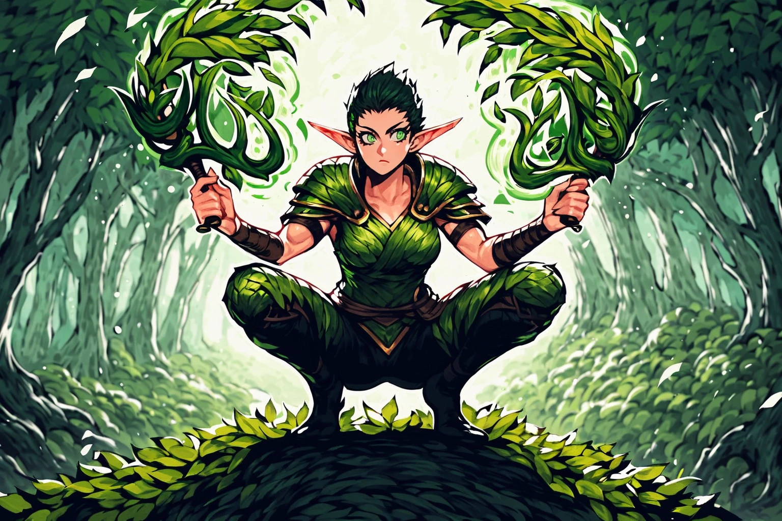 <lora:anime_mtg:1>1girl, mtg style, solo, holding weapon, magic the gathering, long ears, green leaf armor, short tomboy hair, athletic build, medium beasts, green eyes, squatting in a tree branchm, long pointy ears, elf ears,, , source_anime, score_7_up,