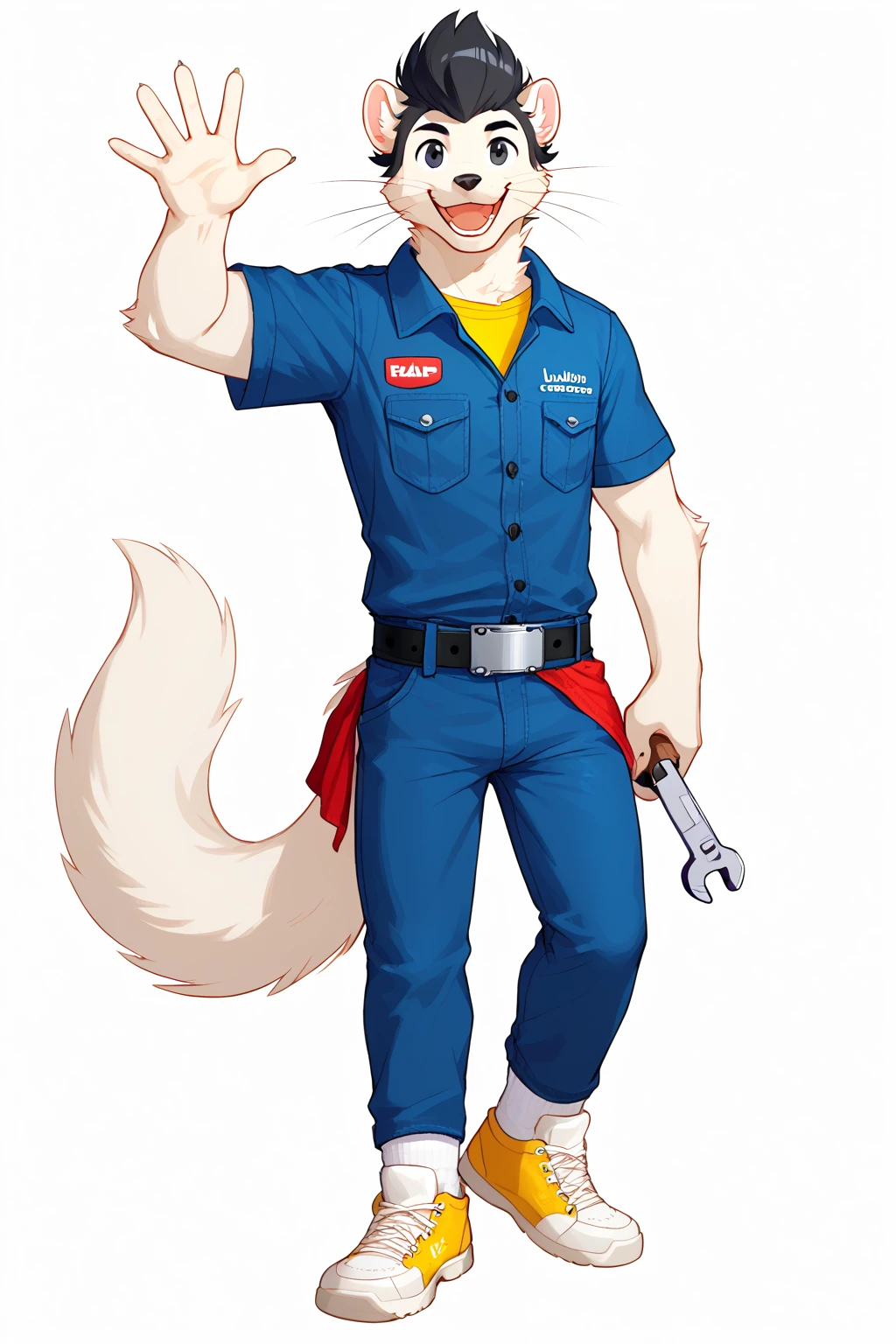 DarnellFetzervalve, ferret boy, furry male, white fur, black hair, pompadour, black eyes, animal ears, black eyes, whiskers, ferret tail, solo, 1boy, full body, blue jumpsuit, short sleeves, breast pocket, yellow undershirt, blue pants, black belt, silver belt buckle, red cloth, yellow shoes, white socks, waving at viewer, looking at viewer, smiling, open mouth, holding wrench, white background, simple background, Expressiveh