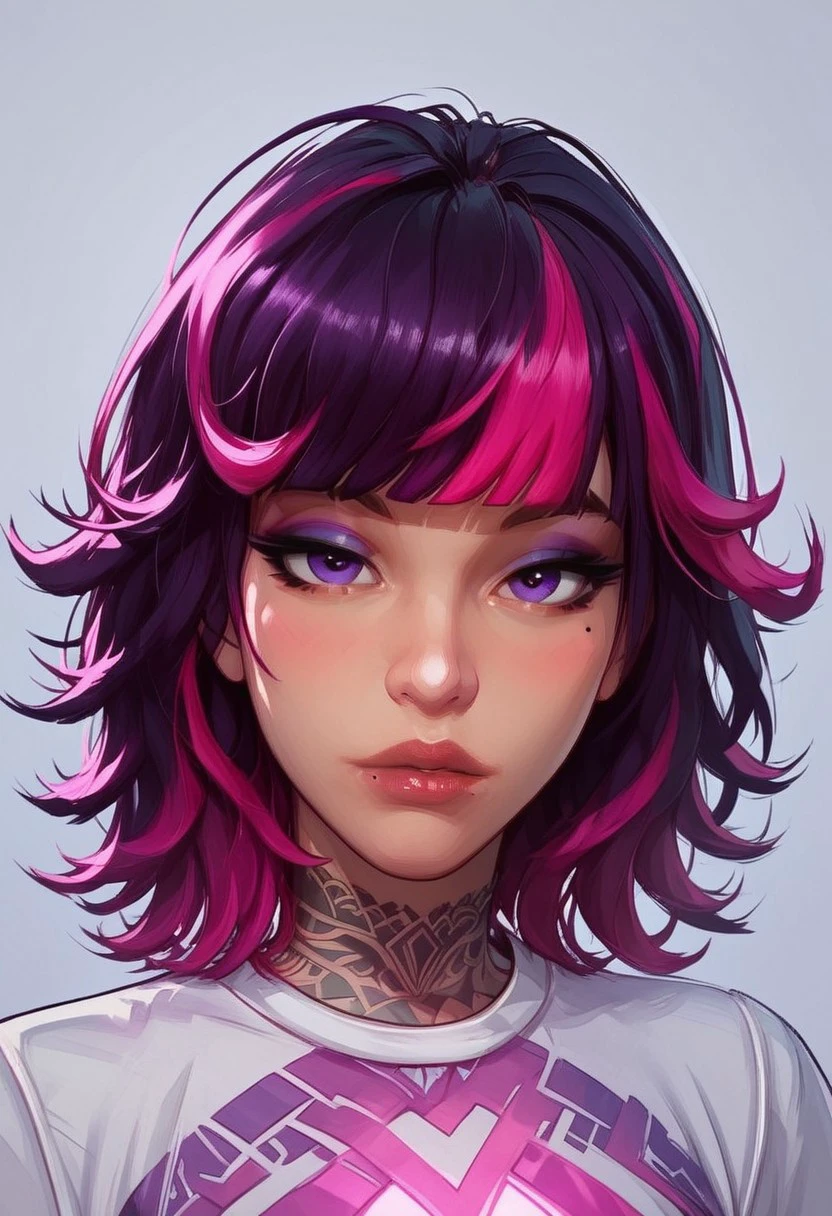 MarvelRivals, Sophiaaa, (beautiful face), medium hair,mole under left eye,left tattoos,black and purple hair,pink hair highlights,purple eyes, eyeshadow,blunt bangs,slender eyes, lips, strong eyebrows,1girl,solo,looking at viewer, white shirt, Stylized, Semi-realistic style, studio lighting, blue ambiance, atmospheric, cooler colors, portrait,