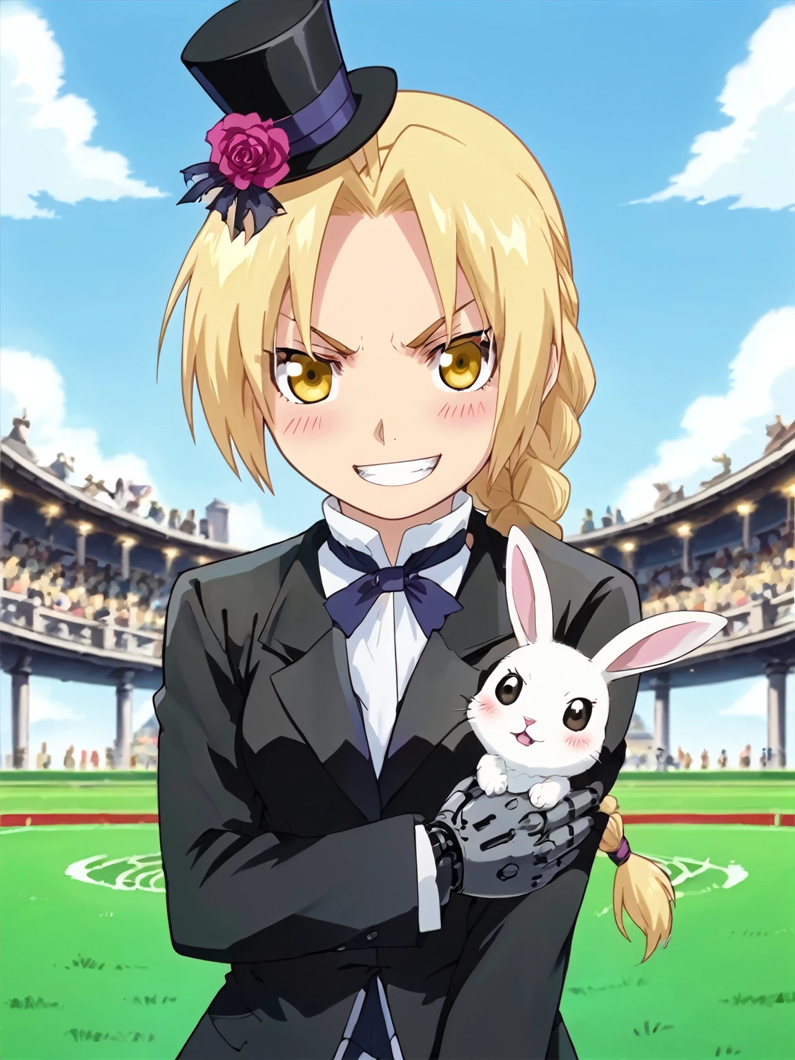 score_9, score_8_up, score_7_up, score_6_up, source_anime, anime screencap, edward_elric, blonde hair, yellow eyes, braid, single braid, braided ponytail, single mechanical arm, rabbit, rabbits, surrounded by rabbits, (tophat:1.5), top hat, hat, mini hat, mini top hat, hat flower, outdoors, casino, blush, heavy blush, evil grin, (portrait), detailed background, Hyperdetailed, Extreme Detail, 4K Resolution, Masterpiece, Best Quality <lora:Top_Hat_-_RealmRabbit:1> <lora:edward_elric_pony:1>