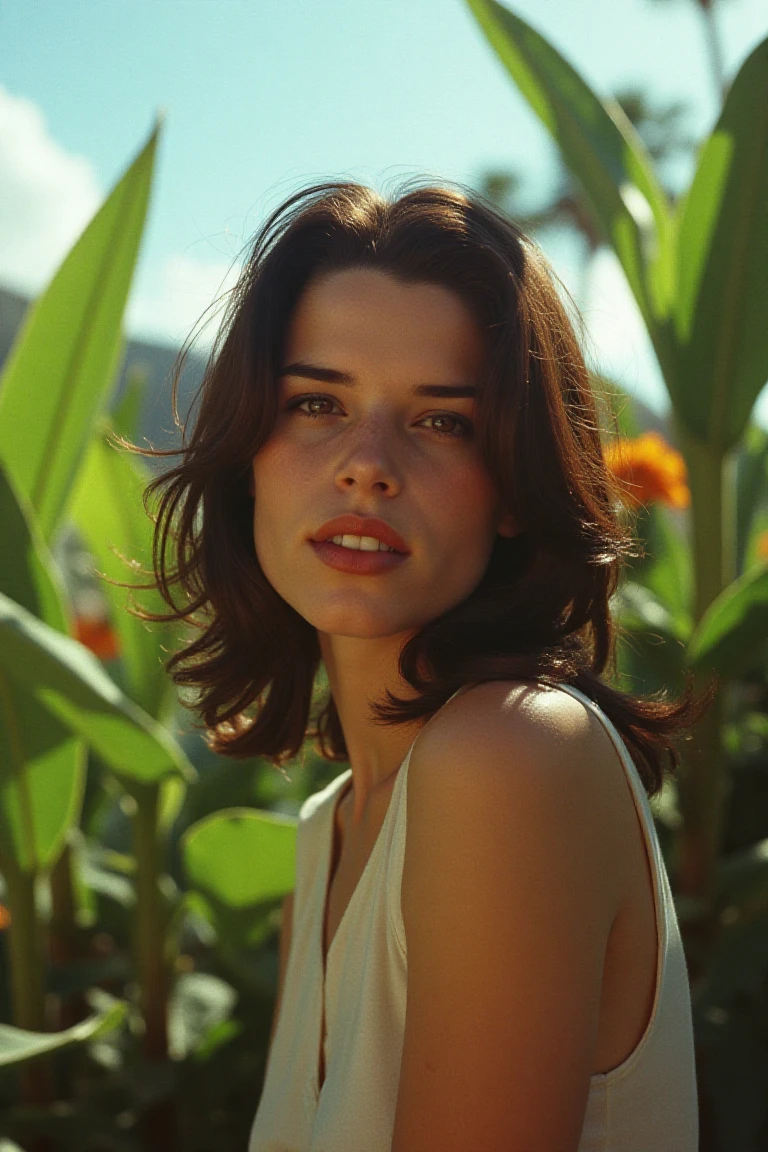 A stunning close-up portrait of a medium sized woman, captured on film with Kodak's signature colors. The scene unfolds in an exotic floral garden, where the subject stands elegantly. A beautiful smile illuminates her features as the camera captures her serene expression. Framed by a 90mm lens, the image is remarkably detailed, with leaves and stems subtly visible through the model's hair. The perfect lighting accentuates her porcelain complexion, while the sky above peeks through the foliage, adding depth to this exquisite shot.,nevecflx