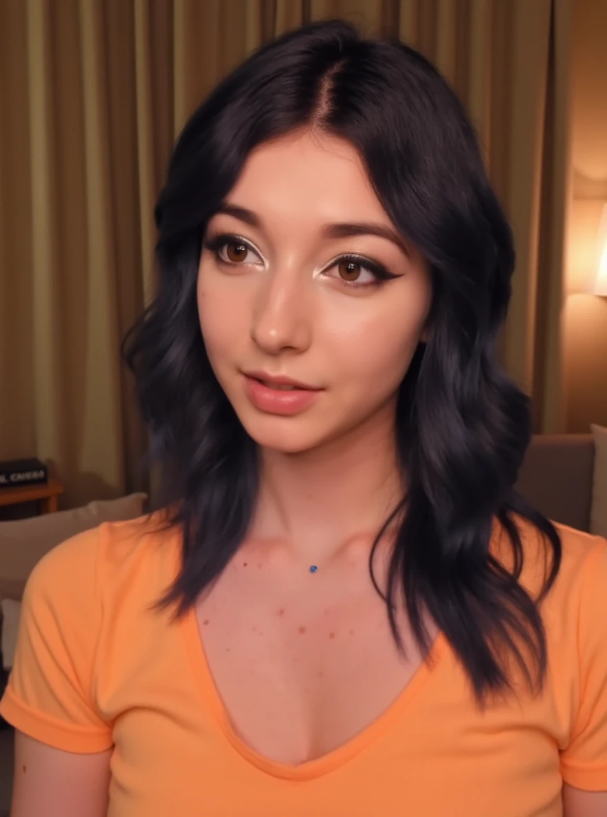 RAW closeup photo of y0ur_d3sss3rt woman, wearing a light orange tshirt, in a living room, detailed face, natural lighting, highly detailed, absurdres, sexy, a blue diamond in the chest

