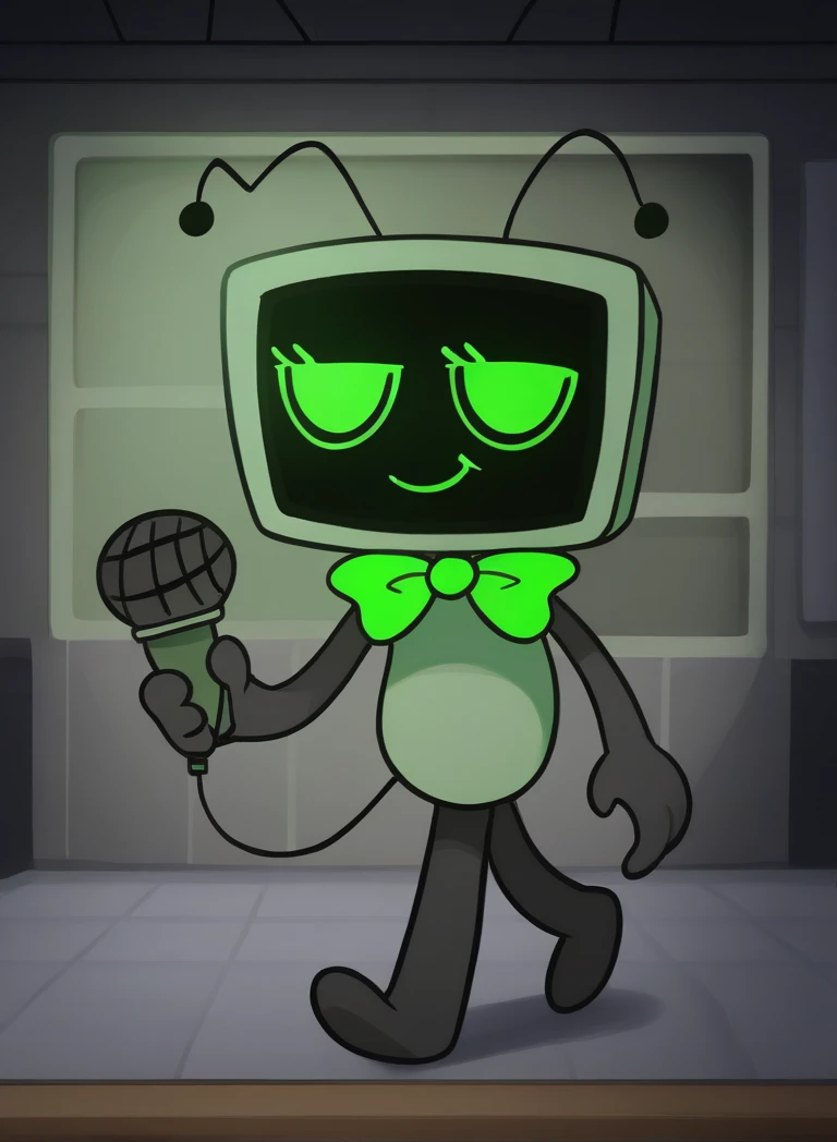 (masterpiece, best quality:1.4), fine and intricate details, high quality, very asthetic, highres, absurdres, perfect anatomy,
1girl, solo, pk, 
vee, green bowtie, antennae, green eyes, television head, half-lidded eyes, holding microphone, 
smile, ((walking, dynamic pose)), in a dark room, ((detailed background, dark and eerie interior))