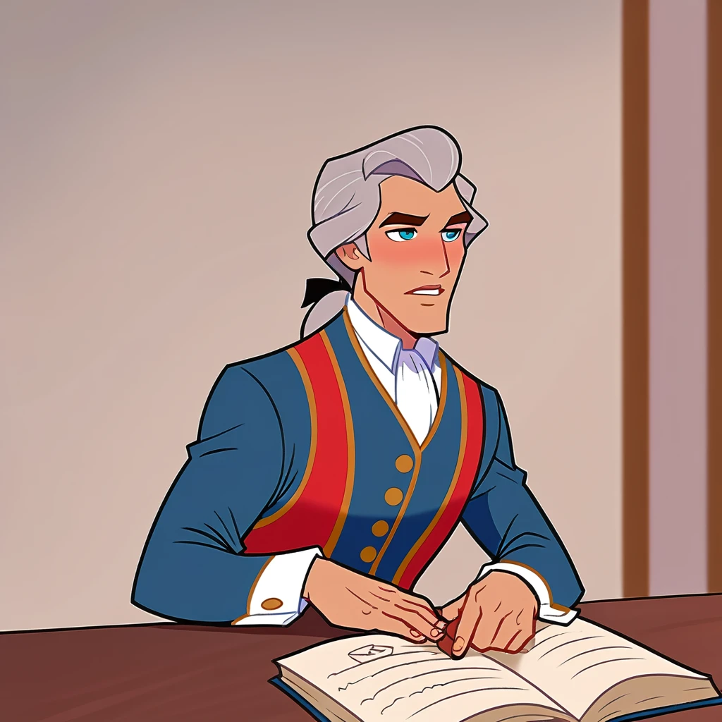 score_9, score_8_up, score_7_up, drawing, disney style, cartoon, animation, 1boys w16hsl1ps, male focus,he wears a historical wig and 18th century clothes, indoors, gray hair, open coat, waistcoat, blue breeches, <lora:Disney_Renaissance:0.6>, american flag backdrop,
((masterpiece, best quality)), ponytail with black ribbon, from waist up,
<lora:18th_Cent_man_PXL_V0:0.8>, 
<lora:Smooth Anime 2 Style SDXL_LoRA_Pony Diffusion V6 XL:1>