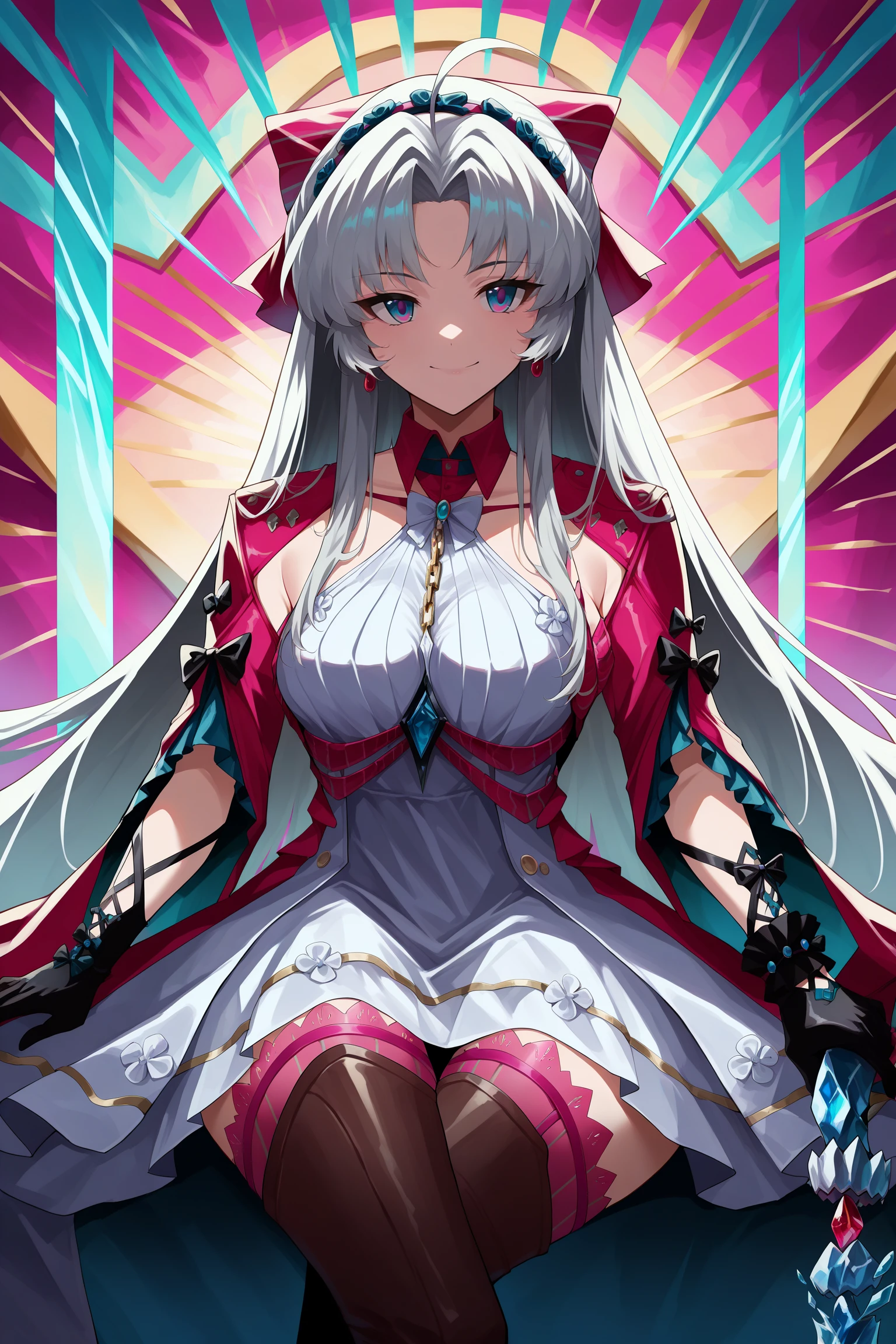 masterpiece, best quality, anime, 2d, 1girl, multicolored eyes, grey hair, hair bow, hairband, earrings, collar, frills, bowtie, white dress, two-tone dress, chain necklace, between breasts, detached sleeves, black scrunchie, laced gloves, coattails, pink thighhighs under boots, brown knee boots, high heels , <lora:CarlottaILSTCAMEq1v2 WuWa:1>, sitting, crossed legs, cowboy shot, abstract, absurdres, incredibly absurdres, happy, facing viewer, gun, crystal gun, red gem, holding gun , weapon on lap, establish, straight-on, dutch angle, full body,