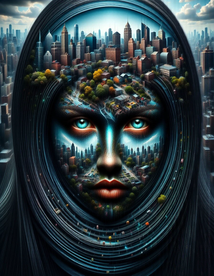 double-exposure,This image is a digitally manipulated photograph that combines a surreal, artistic representation of a person's face with an urban cityscape. The central figure is a woman with striking blue-green eyes and a stern expression. Her face is composed of concentric circles, creating a hypnotic, spiral pattern that frames her face and blends seamlessly into the background. The circles are made up of various shades of blue and teal, adding a surreal, dreamlike quality to her appearance.