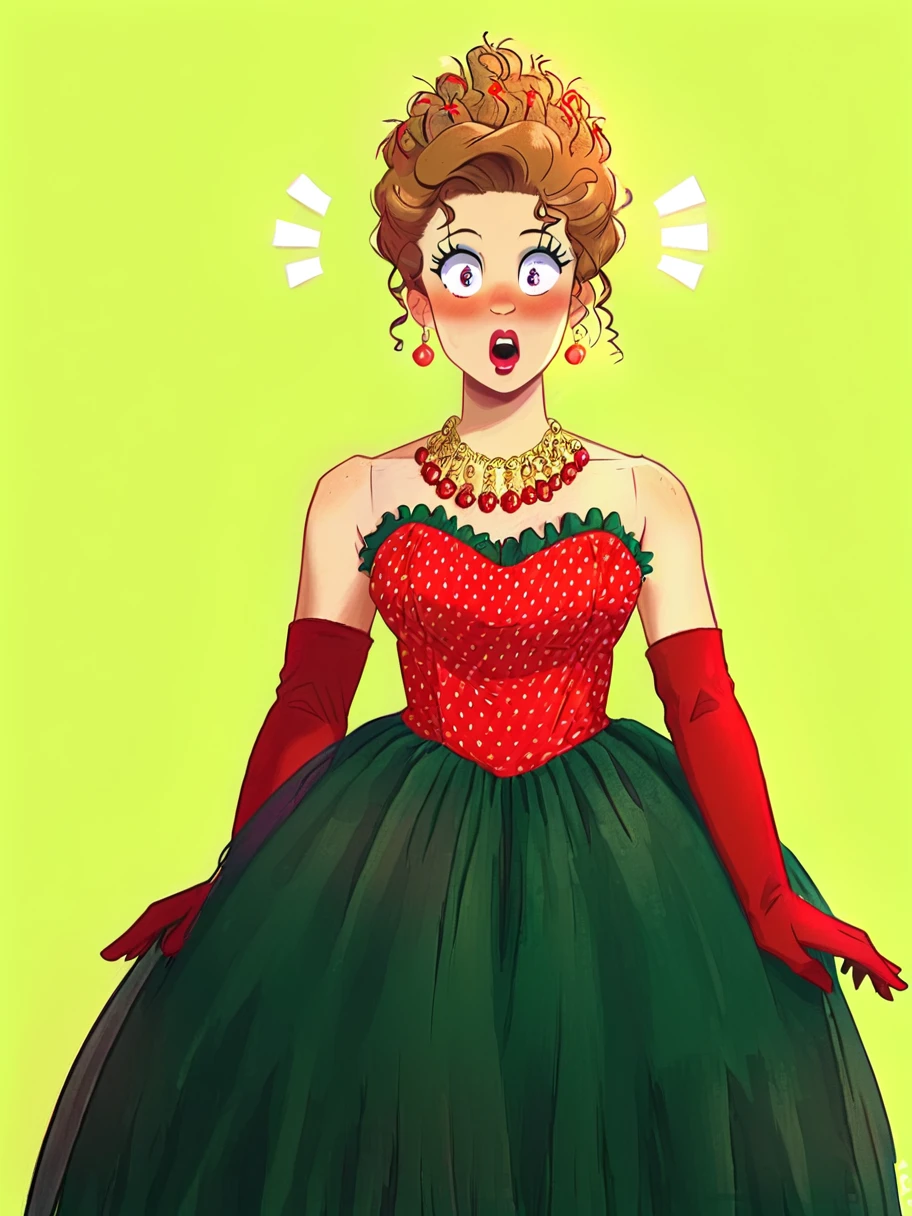 easynegative, zPDXL,  1girl, solo , cowboy shot, ,facing the viewer, looking at the viewer, surprised, shocked,
<lora:Martha_May_Whovier:1> mmwhovier, brown hair, jewelry, necklace, earrings, makeup, red lipstick, blush
white polka dot red top, green dress, red elbow gloves, bareshoulders,âââ