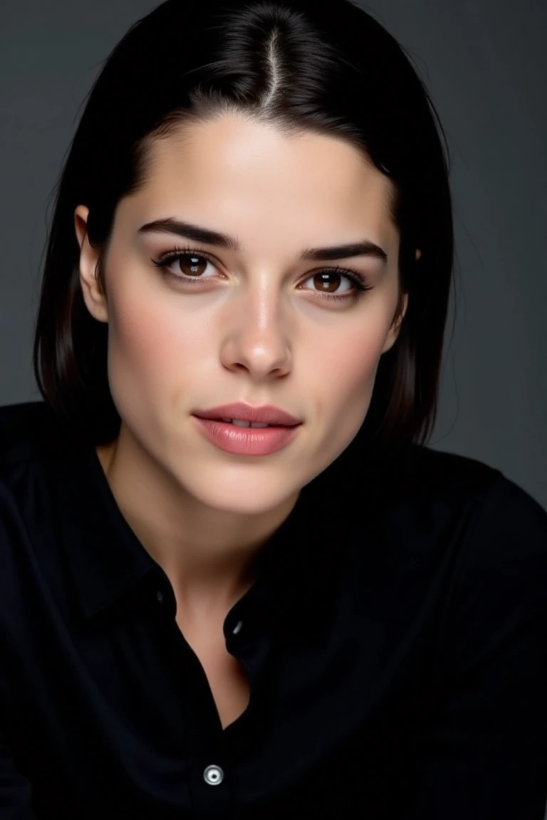 Create a close-up, high-fashion portrait of a woman with striking eyes and confident smile. Her hair is styled back in a sleek manner, revealing her facial features with clarity. She wears a sophisticated black outfit that exudes elegance and minimalism. The background is a smooth gradient of dark gray, enhancing the overall refined and contemporary aesthetic. The lighting is soft yet directional, highlighting her flawless complexion and subtle makeup, with a focus on her eyes and cheekbones. The mood of the portrait is polished, modern, and artistic.