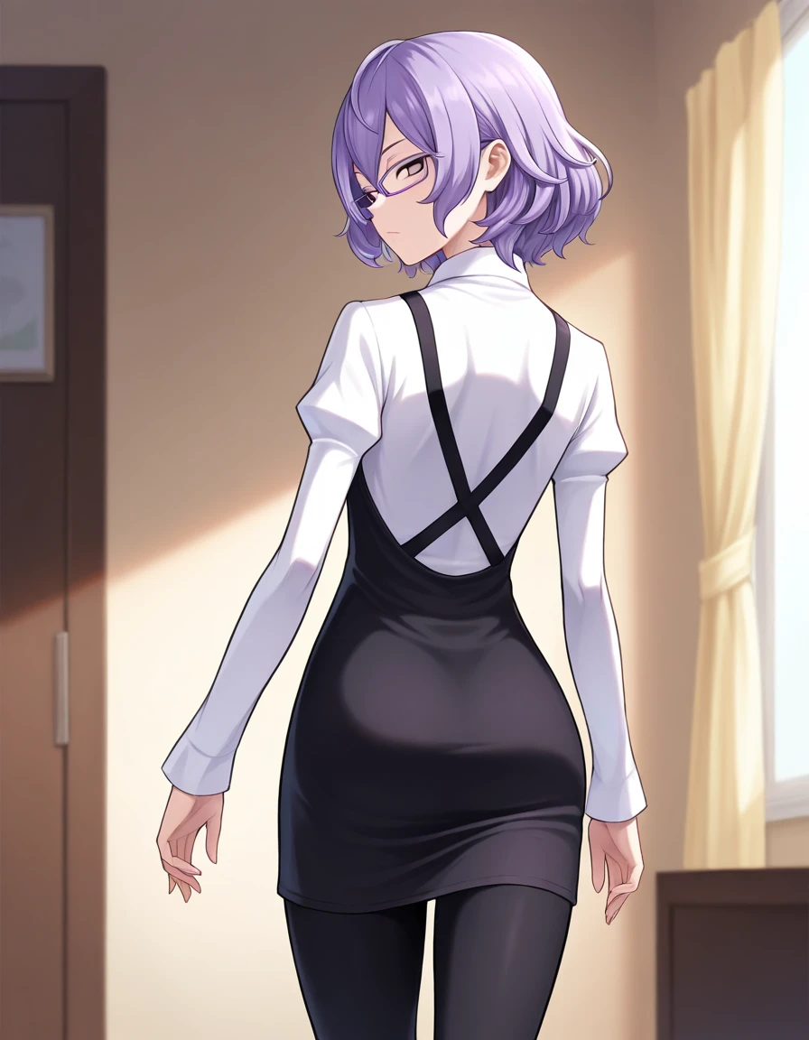 masterpiece, best quality, 1girl, <lora:Mirei_Mikagura_IL_v2:0.8>, mikaguramirei, medium hair, purple hair, purple eyes, no pupils, glasses, purple glasses, layered clothes, white shirt, long sleeves, black dress, short dress, black leggings, from behind, looking at viewer, looking back, room