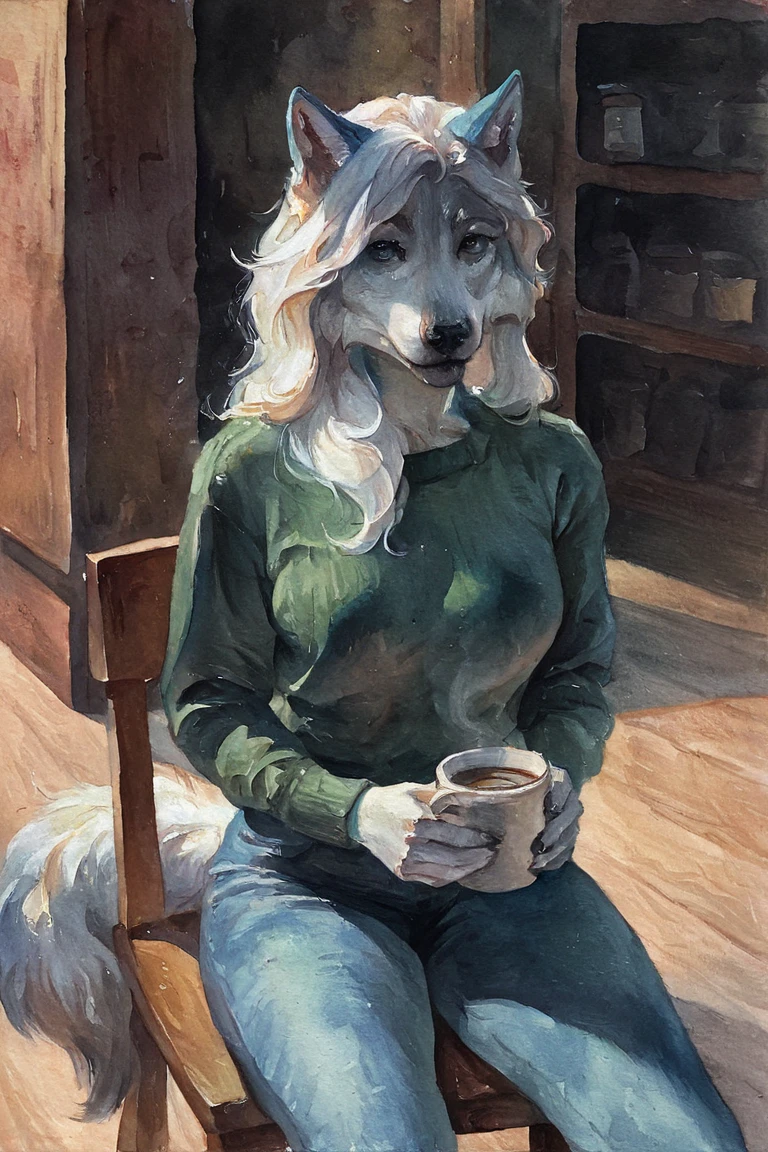 masterpiece, best quality, highres, newest, traditional media, realistic, watercolor \(medium\), anthro, furry, wolf, white fur, long hair, white hair, blue eyes, green sweater, long sleeves, blue jeans, holding cup, coffee cup, 1girl, solo, looking at viewer, cowboy shot, sitting, on chair, indoors, cafe <lora:Green Patina [LoRA] - NoobAI-XL EPS 1.0:0.8>