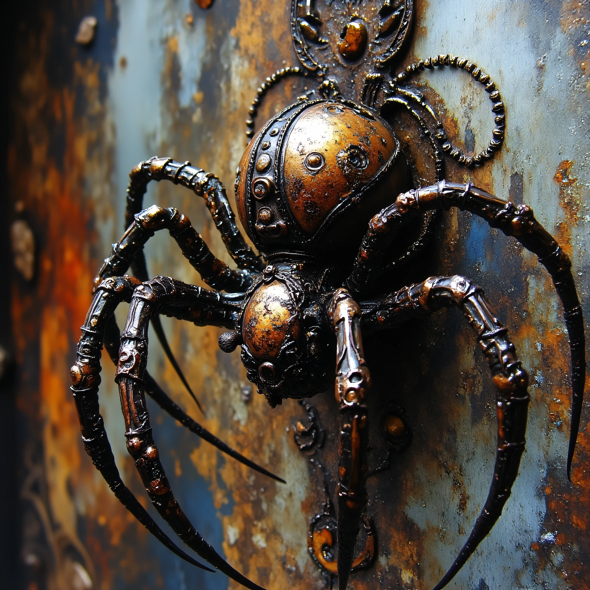 ArsMJStyle, Etherial Gothic, The image shows a close up of a metal sculpture of a spider on a wall with a painting in the background., no humans, realistic, traditional media, steampunk, bug, blurry