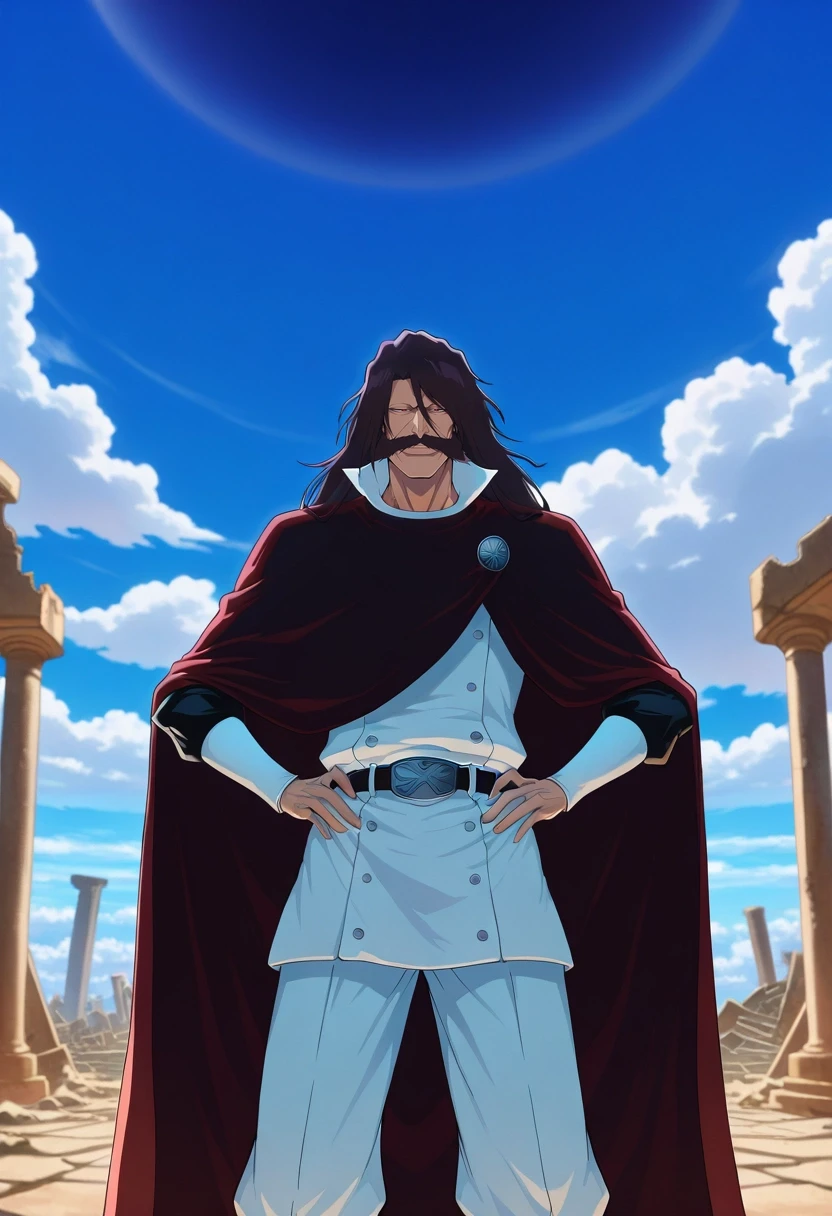 masterpiece, best quality, , , , depth of field, 1boy, solo, male focus, <lora:yhwach_bleach_ilxl:0.96>, yhwach_bleach, black hair, red eyes, facial hair, long hair, mustache, beard, cape, panorama, ancient ruins, day, clouds, hands on hips, half-closed eyes, smile,