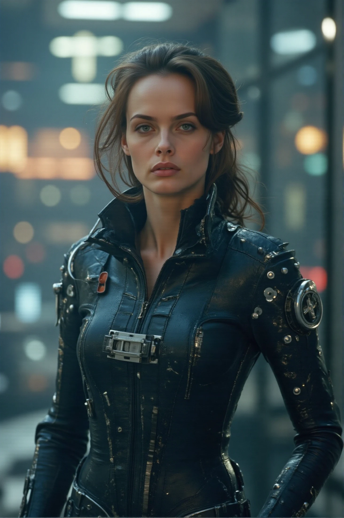 (photo of a cybernetic woman), (soft even lighting), (futuristic city behind), (wearing cybernetic clothes in cyberpunk world), detailed face, detailed eyes, ((medium body  portrait)), masterpiece, ((best quality)), (eye contact), looking at the viewer, centred, shot from front