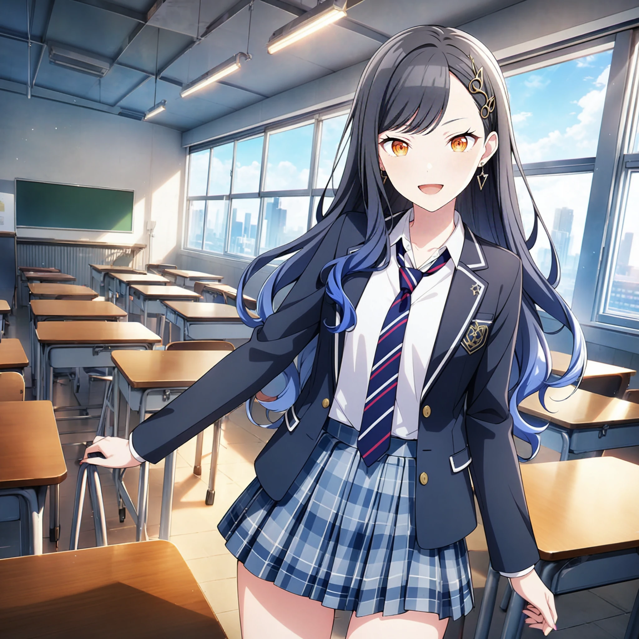 1girl, shiraishi an, project sekai, solo, masterpiece, very aesthetic, absurdres, official art,
kamikou blazer, solo, (black hair:1.2), black and royal blue gradient hair, long hair, orange eyes, swept bangs,
(looking at viewer:1.2), :D, cowboy shot, contrapposto, dutch angle, BREAK
black blazer, open blazer, white shirt, plaid skirt, shirt tucked in, red and navy diagonal-striped tie,
haircip, earrings, hair ornaments,
indoors, school classroom, day, sun light, beautiful blue sky, chair, desk,
<lora:sdxl-vbs-SeifukuAn03:0.5:lbw=0,0,0.2,0.2,0,0.4,0.4,0,0.8,0.8,0,0,0,0.8,0.8,0.6,0.8,0.0,0.0,0.0,0,0,0,0,0,0>
