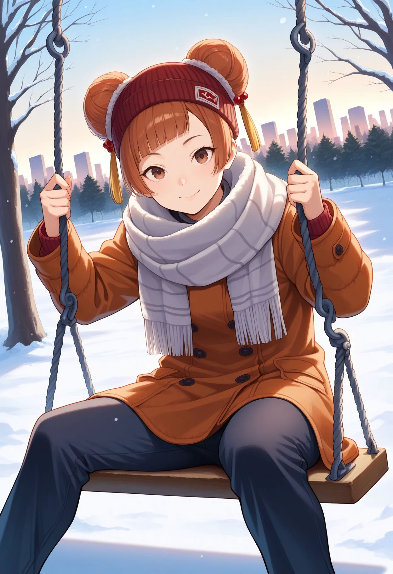 masterpiece, best quality, looking at viewer, smile, 1girl, winter clothes, beanie, scarf, coat, pants, sitting, swinging, outdoors, park, snow, tree, swing, skyline,  <lora:Lauffen illu:1> ,short hair,double bun,blunt bangs,hair ornament,brown eyes,