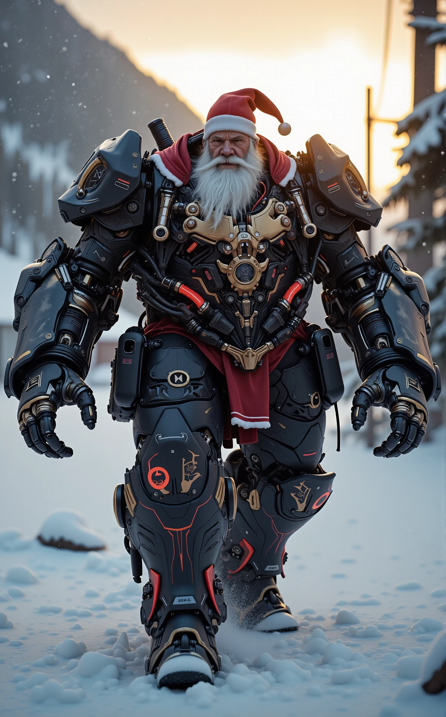 MechArmor, heavy mech, power armor, bulky, Off-center composition, close up, half-body shot, an old santa clause, cybernetic augmentations, cybernetic black battle armor with gold and red intricate details, white beard, grizzeled face, dynamic scene, heavy snow fall, walking through a blizzard in the mountains, warm morning light, cybernetic robot retro cyberpunk, 80's inspired, synthwave, neon, vibrant, detailed, retro futurism, android, machine, metal, tech, futuristic, highly detailed