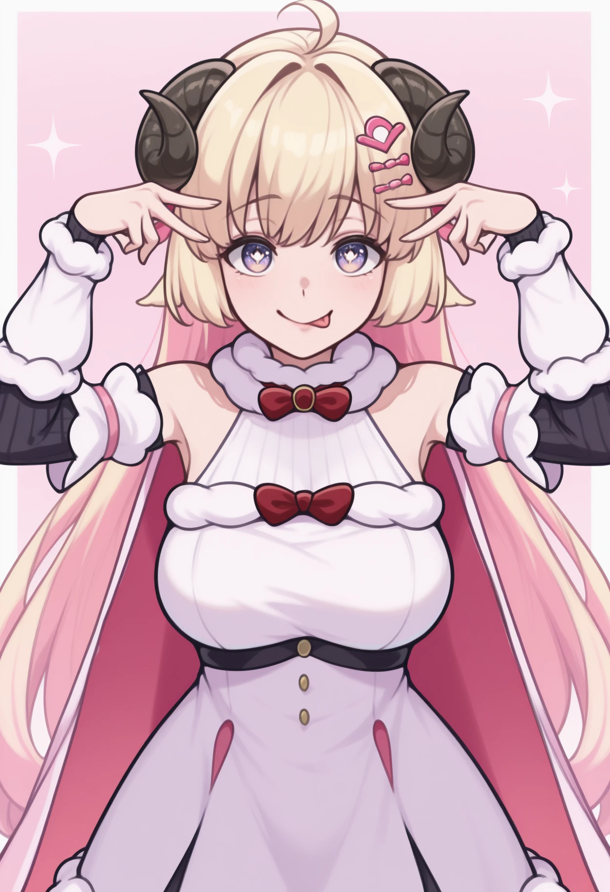 masterpiece, best quality, upper body, solo, 1girl, WtmBase, aihsnpose, smile, tongue out, double v, star-shaped pupils, horns, blonde hair, purple eyes, very long hair, ahoge, pink hair ornament, white fur-trimmed dress, short dress, red bowtie, detached sleeves, layered sleeves, bare shoulders, fur-trimmed cape, pink cape
 <segment:yolo-Anzhc Face seg 640 v2 y8n.pt,0.4,0.5//cid=1>