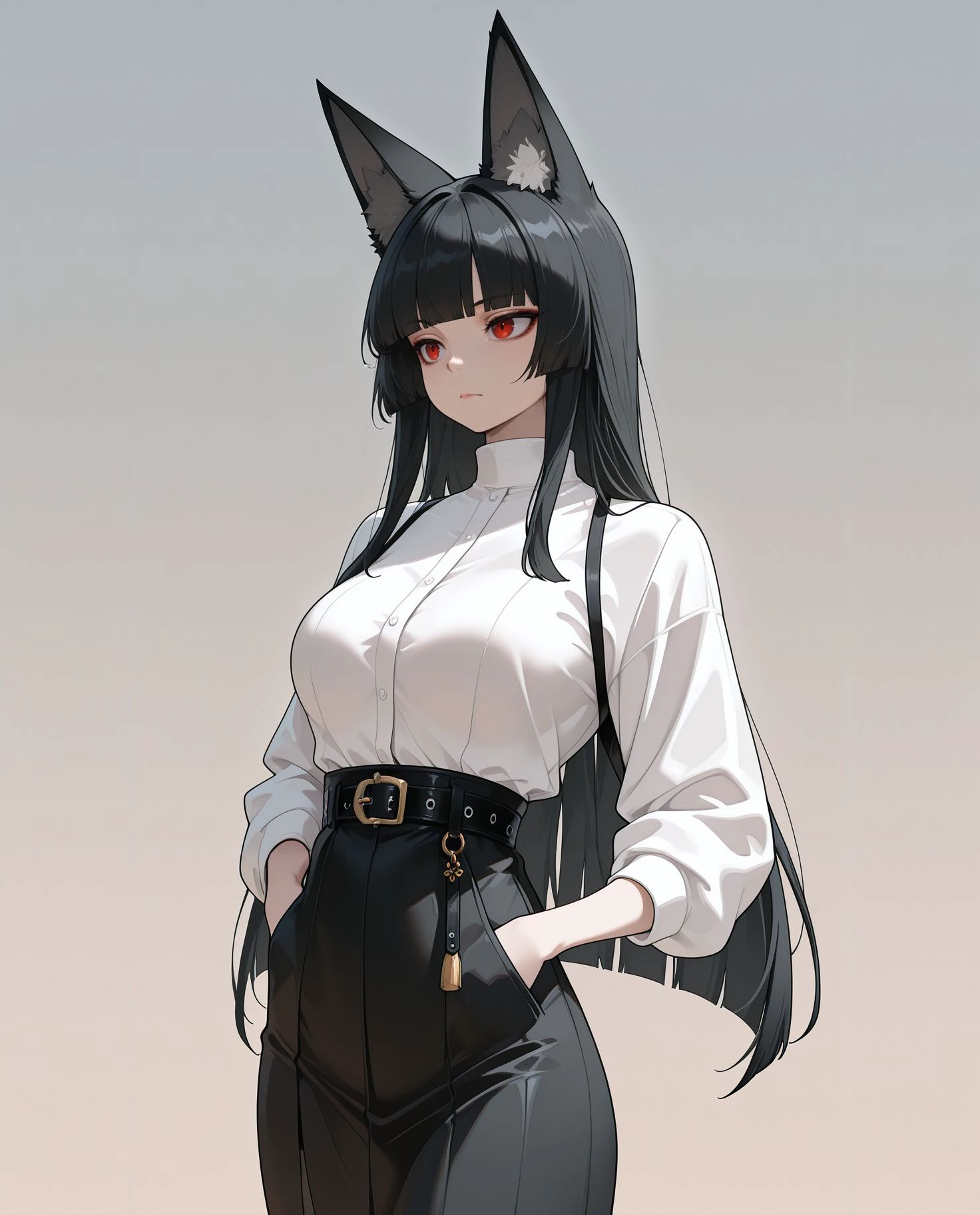 masterpiece,best quality,amazing quality, sharp details, vivid color <lora:miyabi_zzz _ilxl_goofy:1>miyabizzz, 1girl, alternate costume, animal ear fluff, animal ears, belt, black belt, black hair, black skirt, blunt bangs, closed mouth, cowboy shot, fox ears, fox girl, gradient background, hands in pockets, high-waist skirt, long hair, red eyes, sidelocks, simple background, skirt, solo