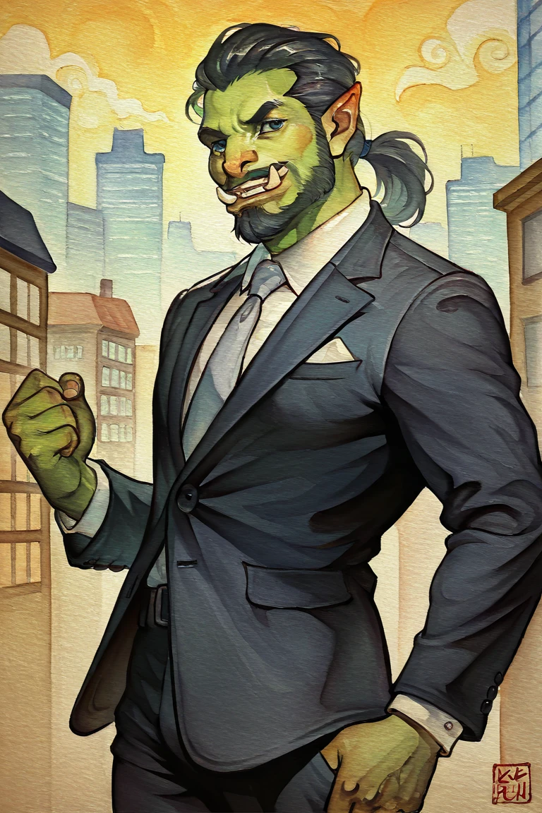 masterpiece, best quality, highres, newest, traditional media, realistic, watercolor \(medium\), orc, green skin, tusks, facial hair, beard, mustache, medium hair, black hair, hair slicked back, ponytail, blue eyes, formal, black suit, suit, white shirt, collared shirt, grey necktie, long sleeves, black pants, muscular, 1boy, solo, male focus, mature male, smile, looking at viewer, cowboy shot, standing, outdoors, city, building <lora:OIS - Gold Fish [LoRA] - NoobAI-XL EPS 1.0:0.8>