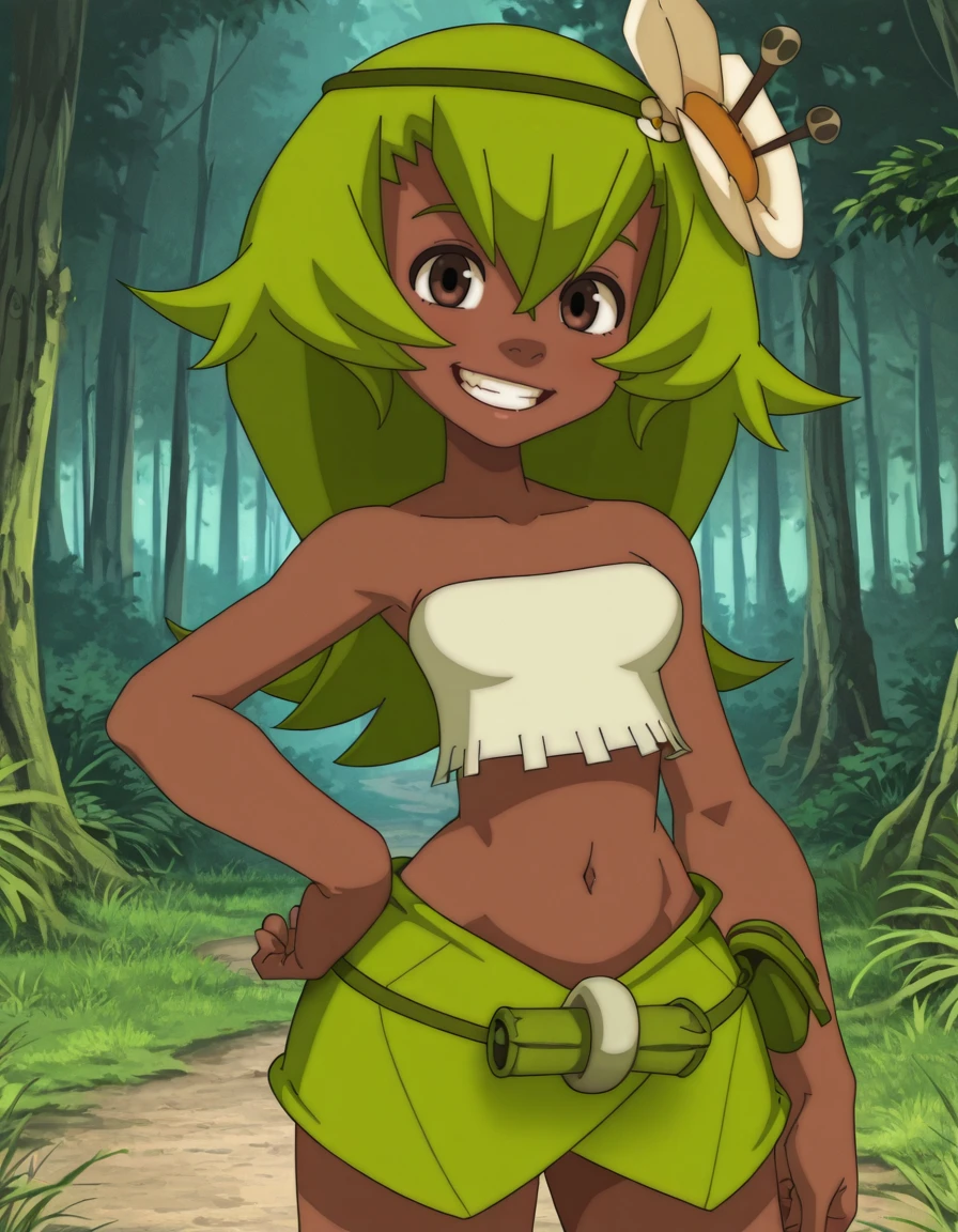 <lora:AmaliaWakfuIllustrious1.0JLFO:1> amalia, 1girl, hairband, solo, hair flower, green hair, dark skin,grin,teeth,  dark-skinned female, long hair, brown eyes, bare shoulders, breasts, strapless, tube top, midriff,grass skirt, looking at viewer,forest,smile,hand on hip, cowboy shot