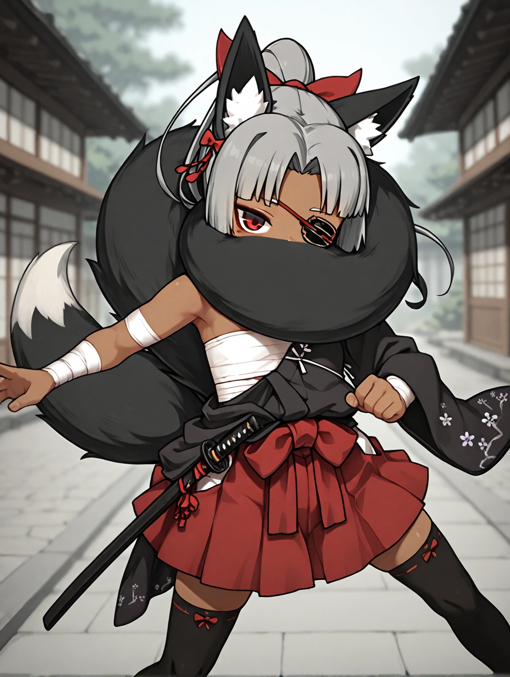 1girl, Izuna, grey hair, high-ponytail, red eyes, black fox ears, black fox tail, 4 tails, dark_skin, eyepatch, bandages, sarashi, red skirt, black toga, black sleeve, hair bow, red bow, tail over mouth, covered mouth, tail around head, black thighhighs, sheath, katana,

expressionless, standing, ((dynamic pose)), outdoors,

masterpiece, best quality,amazing quality, very aesthetic, absurdres, depth of field, blurry background, extremely detailed face, detailed eyes eyes,masterpiece,best quality,amazing quality