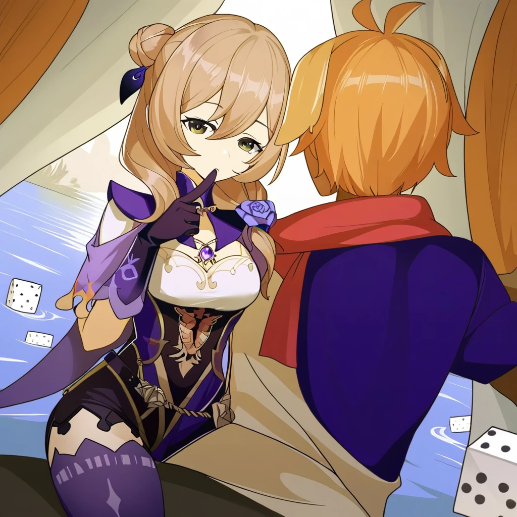 source_anime, flower, shirt, double bun, curtains, red scarf, orange hair, obi, lisa \(genshin impact\), black bodysuit, shorts, puffy sleeves, bandaged leg, torn pants, dark-skinned male, black eyes, blue shirt, dog ears, collarbone, shoulder armor, armor, yaoyao \(genshin impact\), dice, box, purple pantyhose, white pantyhose, hair flower, purple kimono, water, finger to mouth, underwear, mole, purple thighhighs