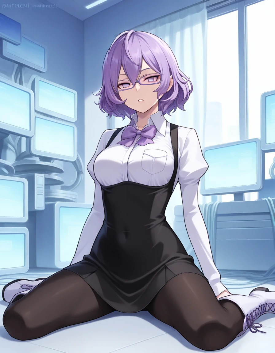 masterpiece, best quality, 1girl, <lora:Mirei_Mikagura_IL_v2:0.8>, mikaguramirei, medium hair, purple hair, purple eyes, no pupils, glasses, purple glasses, bow, layered clothes, white shirt, long sleeves, black dress, short dress, black leggings, knee boots, lace-up boots, white boots, computer, looking at viewer, parted lips, wariza, spread legs, room