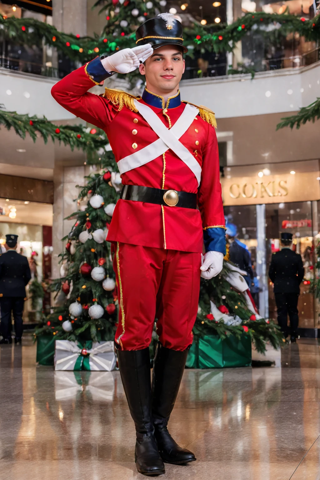 inside shopping mall, Christmas decorations, standing, saluting, smiling, DougAcre, christmas toy soldier costume, (male focus), ((full body portrait)), (wide angle), (adult male) <lora:DougAcre:0.8> <lora:christmas_toy_soldier_costume:0.65>