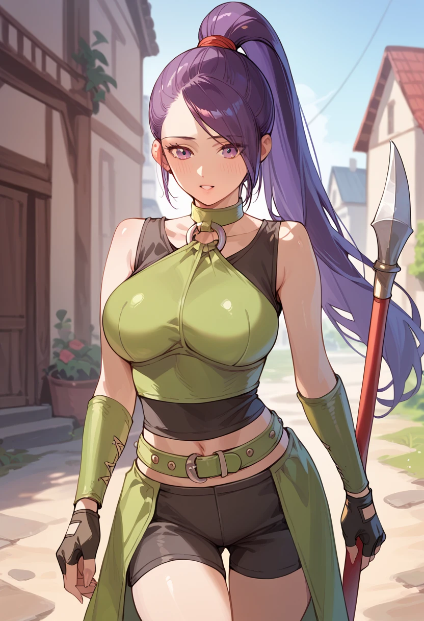 masterpiece, Best Quality, High resolution, One girl, Maruchina, purple eyes, Purple Hair, Very long hair, ponytail, Hair Scratchy, Green choker, O-ring top, Tank top, Sleeveless, Fingerless gloves, Green gloves, West Cape, Black shorts, Green Belt, boots, looking at viewer, Outdoor, glass, Sitting 