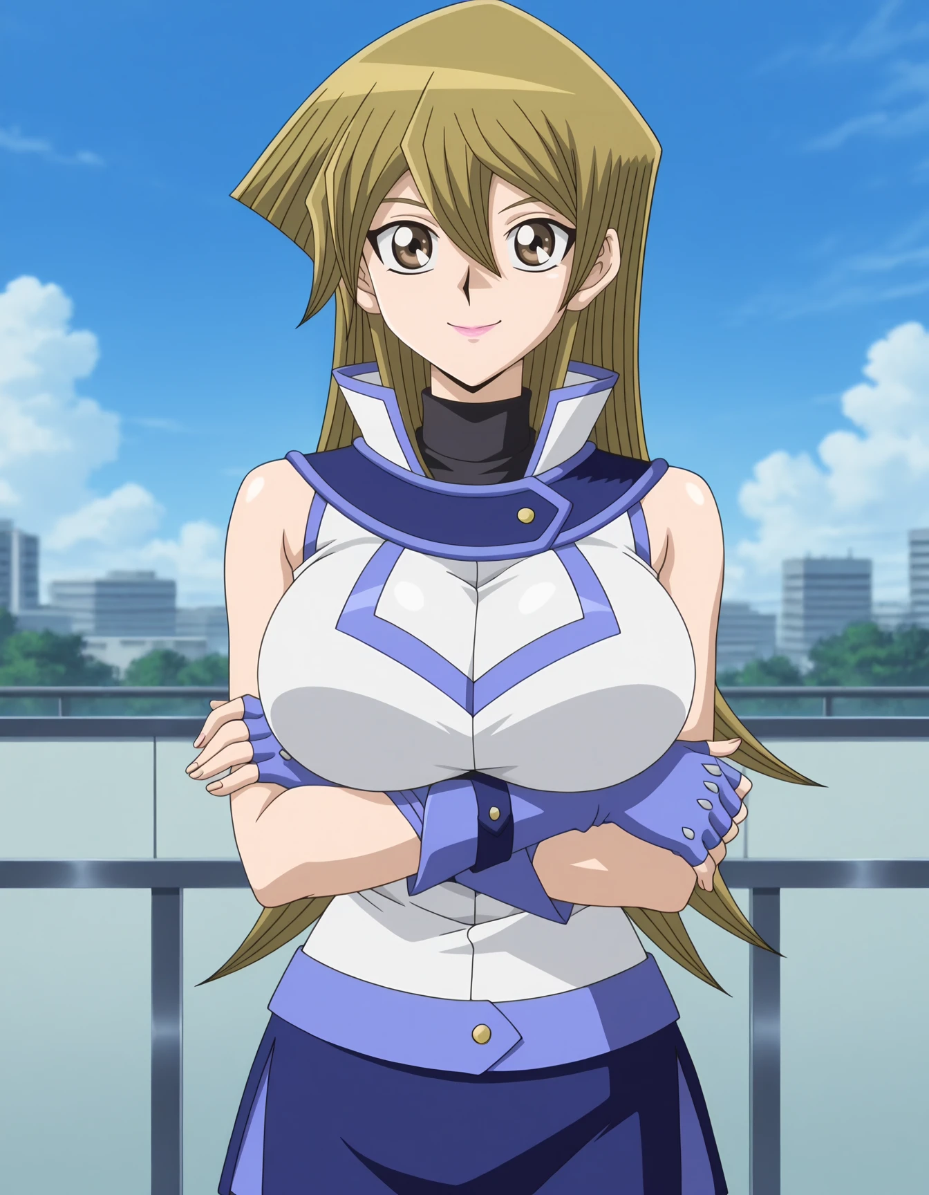 amazing quality,very aesthetic,absurdres,best quality,newest,masterpiece,4k resolution,1girl,solo,<lora:anime_screencap-Illustrious:1>,anime screencap,<lora:Asuka_Tenjoin_Noob_Lora:0.8>,AsukaT,1girl, solo, blonde hair, brown eyes, hair between eyes, long hair, huge breasts, pink lipstick, smile, cute anime eyes, duel academy uniform \(yu-gi-oh! gx\), hair between eyes, long hair, looking at viewer, shiny, shiny hair, sky, sleeveless, sleeveless shirt, turtleneck, blue skirt, gloves, fingerless gloves, crossed arms