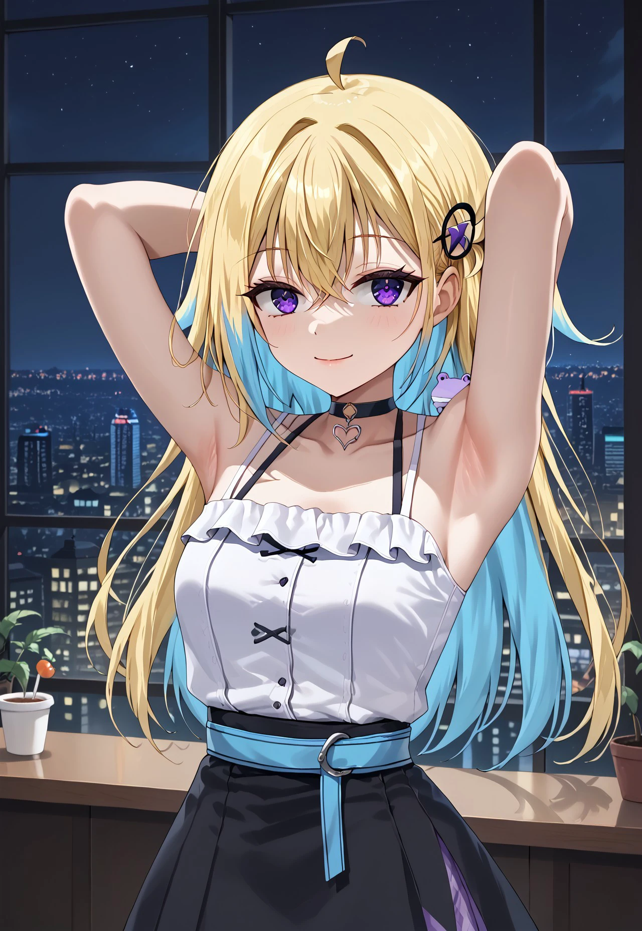1girl, solo, solo focus, highres, absurdres, HasekuraMuumi, blonde hair, ahoge, long hair, blue hair, hair ornament, multicolored hair, hair between eyes, bangs, purple eyes, colored inner hair,
collarbone, black choker, white shirt, black skirt, blue belt, sleeveless shirt, bare shoulders, bare arms,
looking at viewer, from side, smile, closed mouth, half-closed eyes, arms up, armpit,
cafe, window, cityscape, neon lights, shade, night, night sky, dark, backlighting,