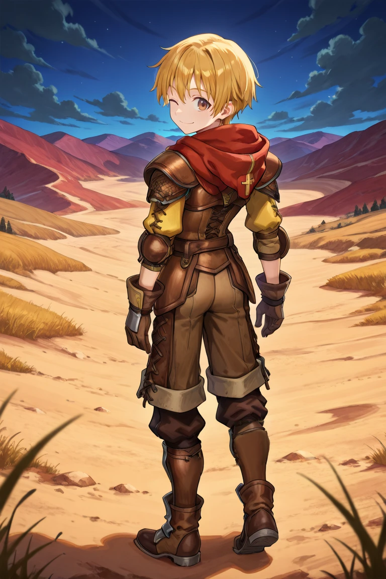 <lora:Canaan:0.9> , CaDef, solo, 1boy, brown eyes, short hair, blonde hair, red hood, hood down, shoulder pads, elbow pads, armor, brown pants, capri pants, brown armor, cross-laced clothes, yellow sleeves, brown gloves, gloves, armored boots, brown boots, boots, full body, from behind, looking back, winking, looking at viewer, smile, closed mouth, exterior, night, wasteland, looking at viewer, solo, masterpiece, very aesthetic, absurdres, best quality, amazing quality, high resolution, detailed background, <lora:illustrious_quality_modifiers_masterpieces_v1:0.8> , <lora:ChamIllustriousBackgroundEnhancer:0.5>