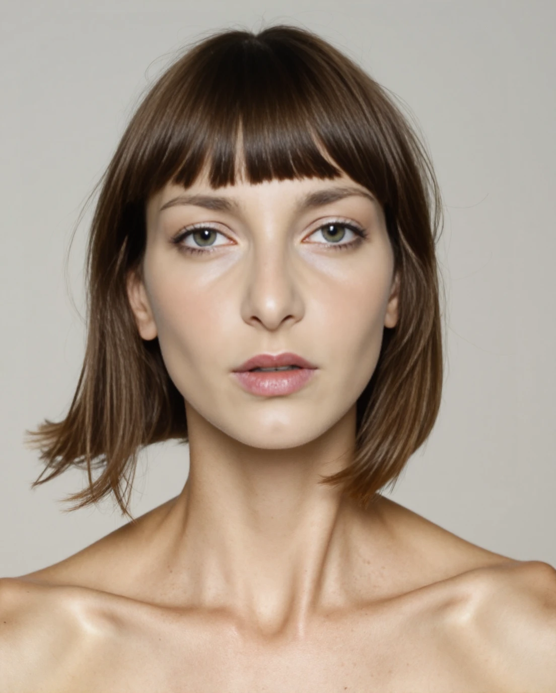 A professional extreme facial close-up portrait photograph of Flora, posing for her portfolio against a plain background. Brunette hair in a bob with bangs, detailed skin, female focus, (SFW) <lora:Flora_aka_Mary_G:1>