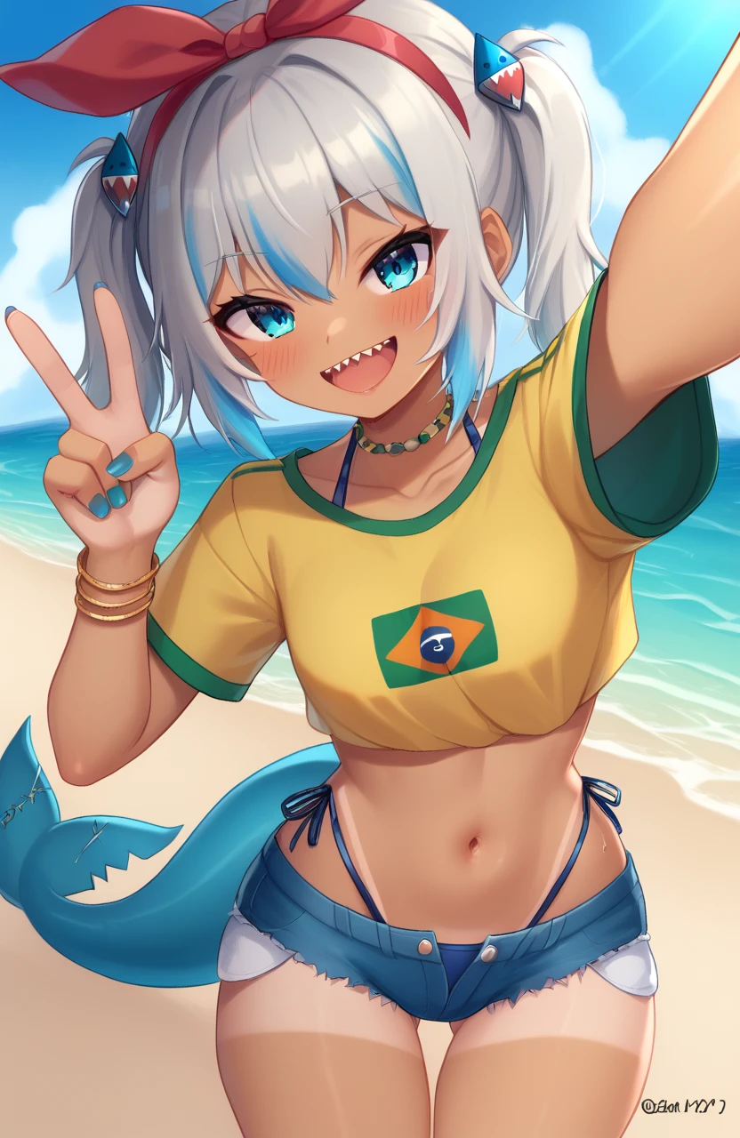 zPDXL, zPDXLxxx, <lora:gawr_gura_sdxl_pony:0.8>, 1girl, solo, shark tail, gawr gura, shark hair ornament, sharp teeth, <lora:Brazilifier_for_PonyXL:0.8>brazilifier, solo, shorts, tan, tanlines, navel, smile, open mouth, crop top, short shorts, denim shorts, shirt, blush, looking at viewer, selfie, midriff, highleg, short sleeves, hairband, denim, hair between eyes, collarbone, cowboy shot, yellow shirt, dark skin, blue nails, teeth,  ribbon, nail polish, highleg panties, cutoffs, ocean, sand, red hairband, upper teeth only, highleg bikini, bow hairband, blue eyes, outstretched arm, aqua eyes, hair ribbon, one-piece tan, the image is a stylized anime-style illustration of a young woman, she has light beige skin, medium silver hair, and large expressive blue eyes, her tan suggests time spent in the sun, she's giving a peace sign with one hand, her expression is cheerful and friendly, the character is designed with exaggerated features common in anime, including large eyes and a smaller more childlike nose and mouth, she wears a yellow cropped t-shirt with a green trim and a small brazilian flag on the chest, and denim shorts with frayed edges, the shorts have a simple string tie at the waist, leaving part of her midriff visible, a pink headband completes her outfit, the clothing style suggests a sporty, casual look the color palette is vibrant, utilizing warm tones like yellow, pink, and brown against a cool blue background, this creates a strong contrast that makes the character pop, the tan highlights her skin tone, linework, the linework is clean and crisp, with smooth curves and clear outlines, the style is consistent throughout the piece, the lighting is soft and diffused, avoiding harsh shadows, dynamic pose, with the peace sign and slight turn of her body creating a sense of movement and energy, the selfie angle adds a touch of intimacy, the overall impression is one of youthful energy and playfulness, possibly implying a summery or sporty mood given the clothing, the peace sign reinforces the friendly, upbeat vibe, the brazilian flag on her shirt may hint at her nationality or interests