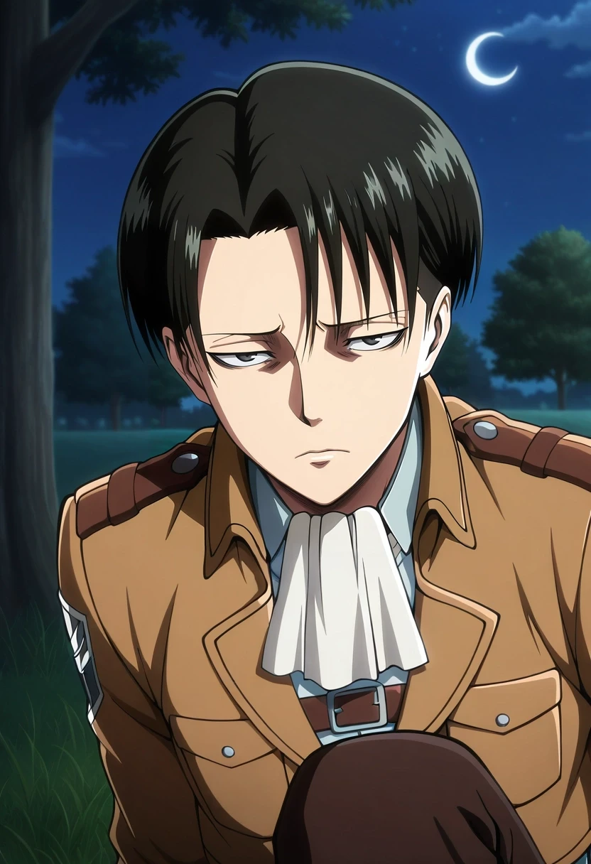 masterpiece, best quality, intricate details, anime screencap, , official style, looking at viewer, , 1boy, solo, male focus, <lora:levi_ackerman_ilxl:0.98>, levi_ackerman, black hair, black eyes, short hair, curtained hair, paradis military uniform, ascot, , close-up, grass, tree, night, crescent moon, one leg up, sad,