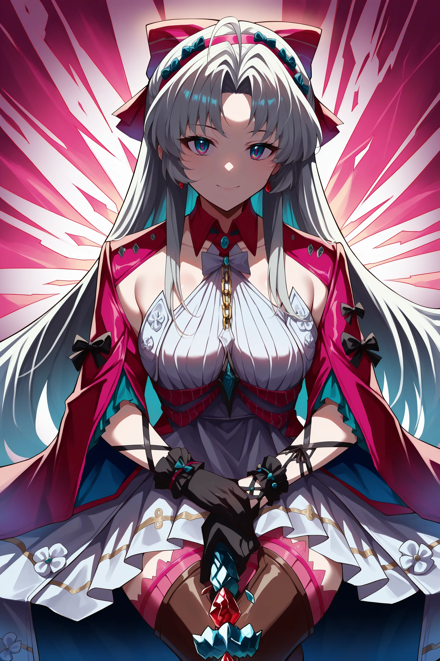 masterpiece, best quality, anime, 2d, 1girl, multicolored eyes, grey hair, hair bow, hairband, earrings, collar, frills, bowtie, white dress, two-tone dress, chain necklace, between breasts, detached sleeves, black scrunchie, laced gloves, coattails, pink thighhighs under boots, brown knee boots, high heels , <lora:CarlottaILSTCAMEq1v2 WuWa:1>, sitting, crossed legs, cowboy shot, abstract, absurdres, incredibly absurdres, happy, facing viewer, gun, crystal gun, red gem, holding gun , weapon on lap, establish, straight-on, dutch angle, full body,