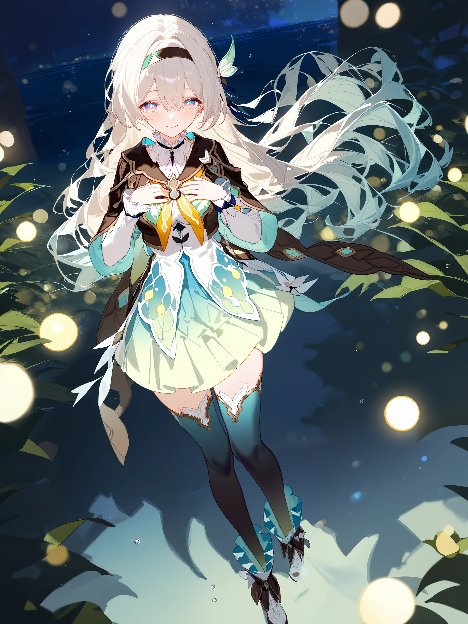 1girl, firefly \(honkai: star rail\), solo, gradient thighhighs, hairband, gradient skirt, feather hair ornament, frilled shirt, frilled collar, frilled boots, cropped jacket, yellow neckerchief, full body, standing, smile, floating hair, depth of field, hands on own chest, crying with eyes open, bokeh, fireflies, night illustration, incredibly absurdres, ultra detailed, masterpiece, best quality, perfect features, intricate details, ray tracing, very aesthetic, (hitenkei, askzy:0.4), <lora:XL-aesthetic_anime:1:hr=0.1>, <lora:XL-detailed_notrigger:1:hr=0.5>, <lora:Char-HonkaiSR-Firefly-V4-SDXL:0.9>,