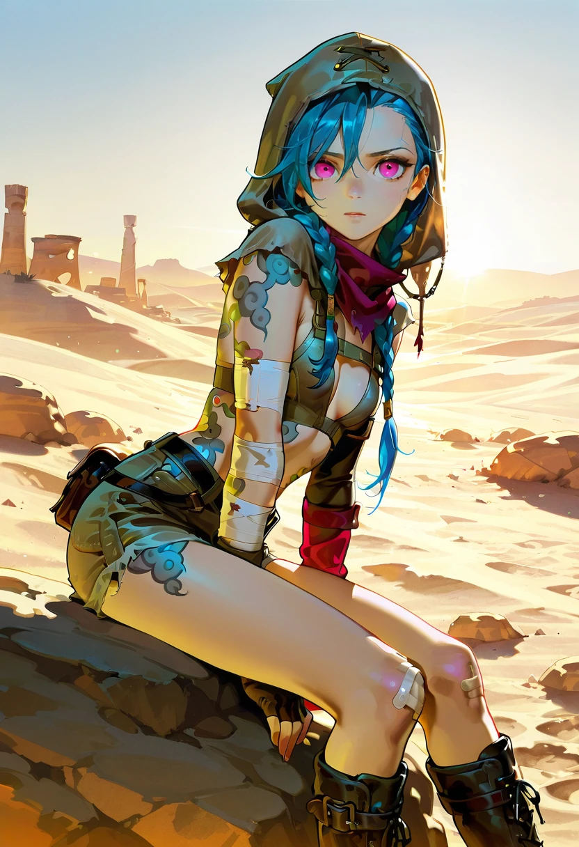 1girl,solo,looking at viewer,ikeda ruriko, desert, hood, bandages, boots, shorts, scarf, jinx_(league_of_legends)