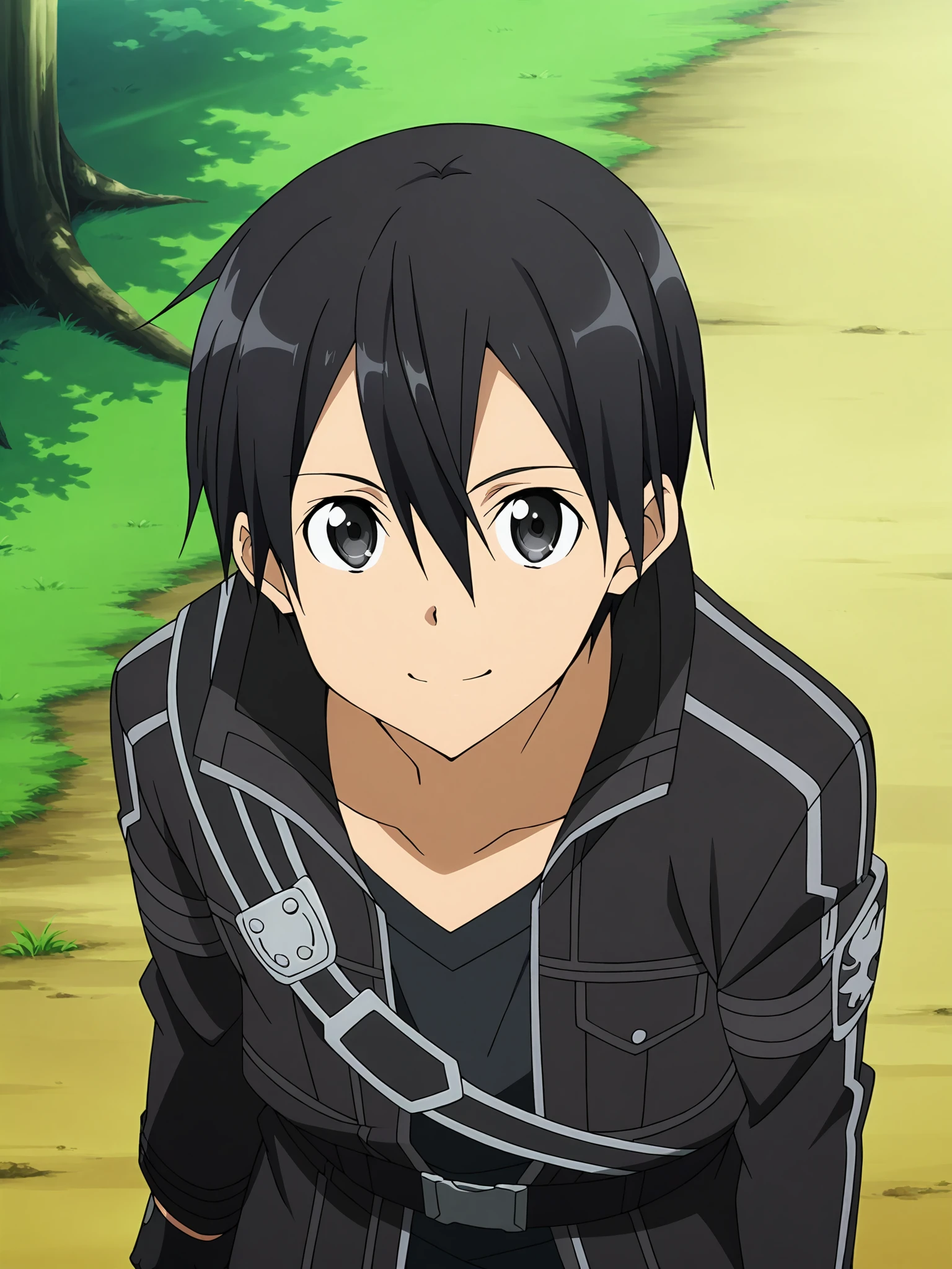 score_9, score_8_up, score_7_up, source_anime,anime screencap, anime coloring, official style,
outside, trees, epic landscape,
 <lora:3-in-1_Asuna_Yuuki_Suguha_Kirigaya_and_Kirito_Kazuto_Kirigaya_Sword_Art_Online_-_PonyV2:.8>
Kazuto Kirigaya (character), Kirito black swordsman outfit, kirito, black hair, black eyes, sword, weapon, 1boy, solo, fingerless gloves, gloves, male focus, black gloves, looking up at the viewer, smiling, high angle from above