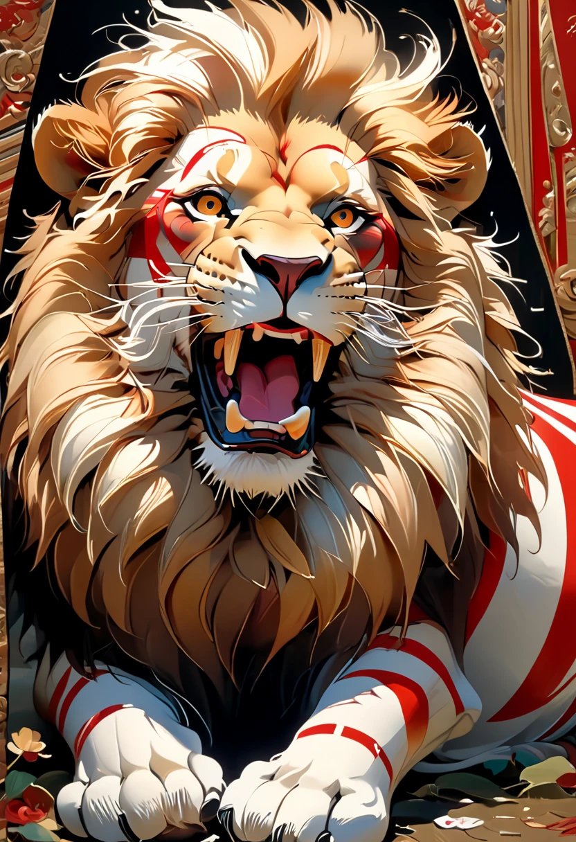 yawning lion, masterpiece, intricate, rnw_stripes, <lora:Red_n_White_Stripes:0.7>