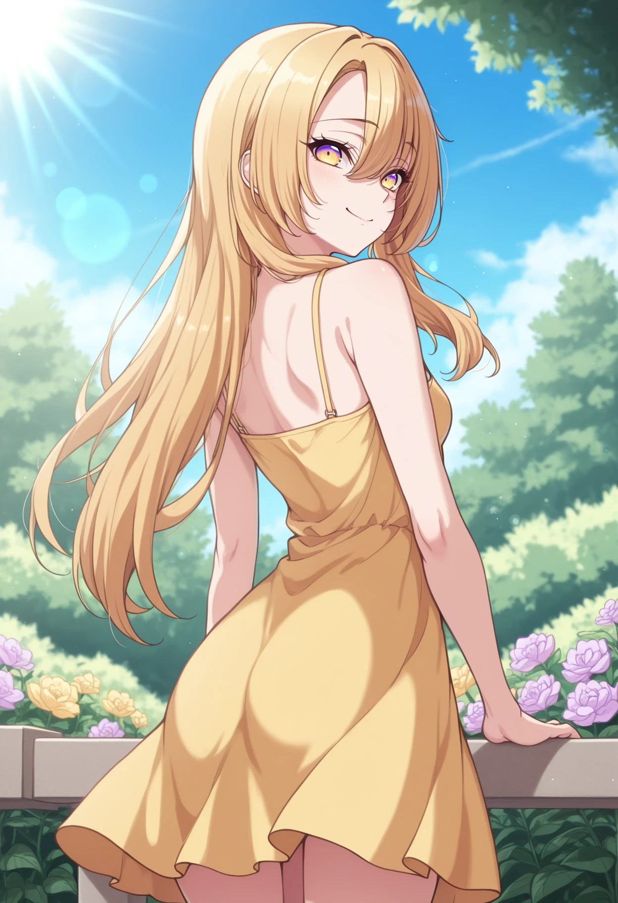 masterpiece, best quality, <lora:NSIzumiSenaLoveStage:1>,1girl, NSIzumiFem, multicolored eyes, yellow eyes, purple eyes, blonde hair, long bangs, long hair, sidelocks, small breasts, yellow sundress, from behind, looking back, lens flare, sun rays, blue sky, happy, smile, cowboy shot, garden, flowers