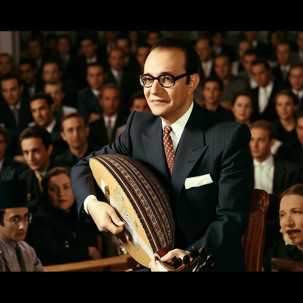 cinematic film still of  <lora:Mohammed Abdel Wahab v1:0.9>
1940's Mohammed Abdel Wahab a eyeglasses 1940's middle aged man in a suit holding a oud instrument in front of a crowd, Mehammad Abdelwehab style, black hair, necktie, glasses, solo focus, formal, suit, shirt, striped, blurry, parody, real life insert, older, Kodak warm film color style, shallow depth of field, vignette, highly detailed, high budget, bokeh, cinemascope, moody, epic, gorgeous, film grain, grainy