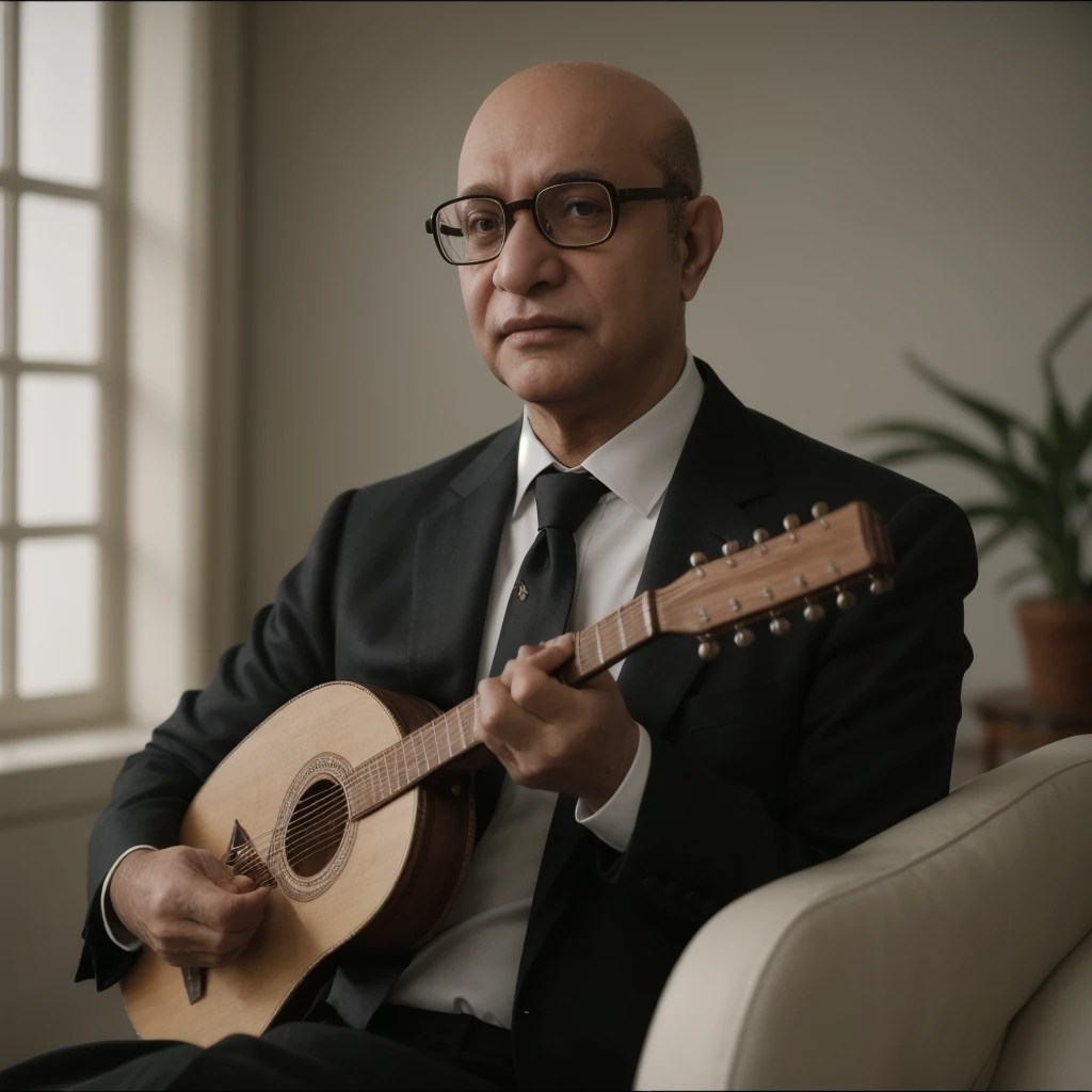 cinematic film still of  <lora:Abdelwehab sd1.5 v1:1>
Mohammed Abdel Wahab a eyeglasses bald old man in a suit and glasses holding a oud instrument, Mehammad Abdelwehab style, Mehammad Abdelwehab style, solo, shirt, holding, jacket, necktie, glasses, blurry, blurry background, traditional media, formal, suit, black necktie, black-framed eyewear, bald, photorealistic, looking at viewer, upper body, own hands together, clock, black hair, white shirt, long sleeves, sitting, instrument, closed mouth, collared shirt, depth of field, guitar, playing instrument, tattoo, watch, shallow depth of field, vignette, highly detailed, high budget, bokeh, cinemascope, moody, epic, gorgeous, film grain, grainy