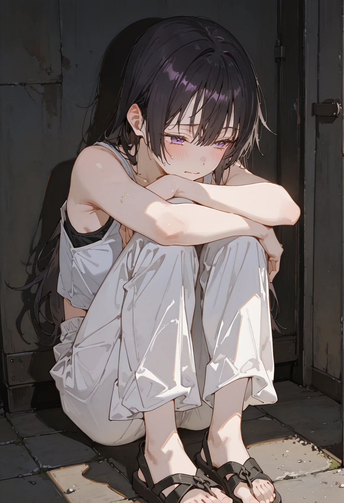 perfect quality,high quality,masterpiece,best quality,amazing quality,very aesthetic,Cinematic Lighting,newest,Tactical use of shadow,
front view,bust,facing_away,Nervous twitch,
YukiSuou Cyql,1girl,solo,long hair,bangs,black hair,purple eyes,
leaning_on_object,hugging_own_legs,
harem pants,tank top,flat sandals,
<lora:748cmSDXL:0.5>,<lora:HG2512 by CYQL:0.5>,HG2512,<lora:EtherSDXL:0.5>,748cmstyle,EtherStyle,masterpiece,very aesthetic,<lora:detailer_v5:0.5>,detailerlora,<lora:YukiSuou_Illustrious by Cyql:0.9>,