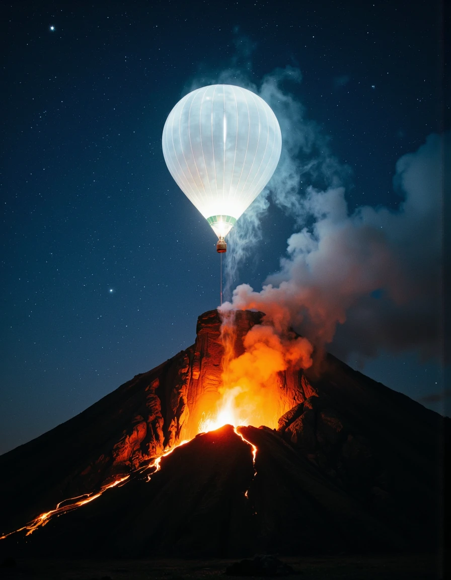 close up cinematic still film in style of Albert Dros of an aerial view of a highly (white luminescent hot air balloon:1.2) made of highly luminous thread, flying over a volcano with lava flows on its sides in a starry night.
emotional, harmonious, vignette, highly detailed, high budget, bokeh, cinemascope, moody, epic, gorgeous, film grain, grainy,
shallow depth of field. <lora:Exogenous:1>