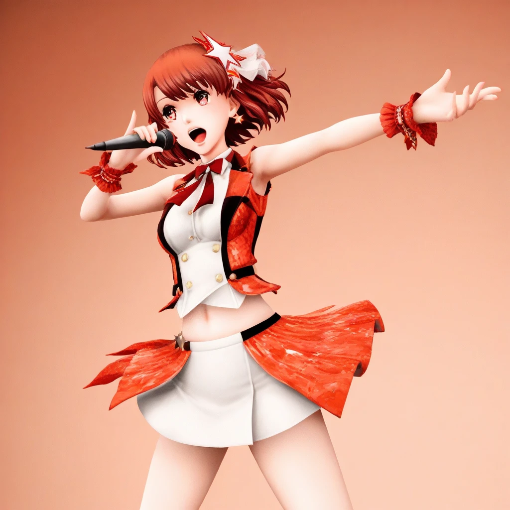 rena sayama, auburn hair, red eyes, mini dress, midriff, short hair, idol, singing