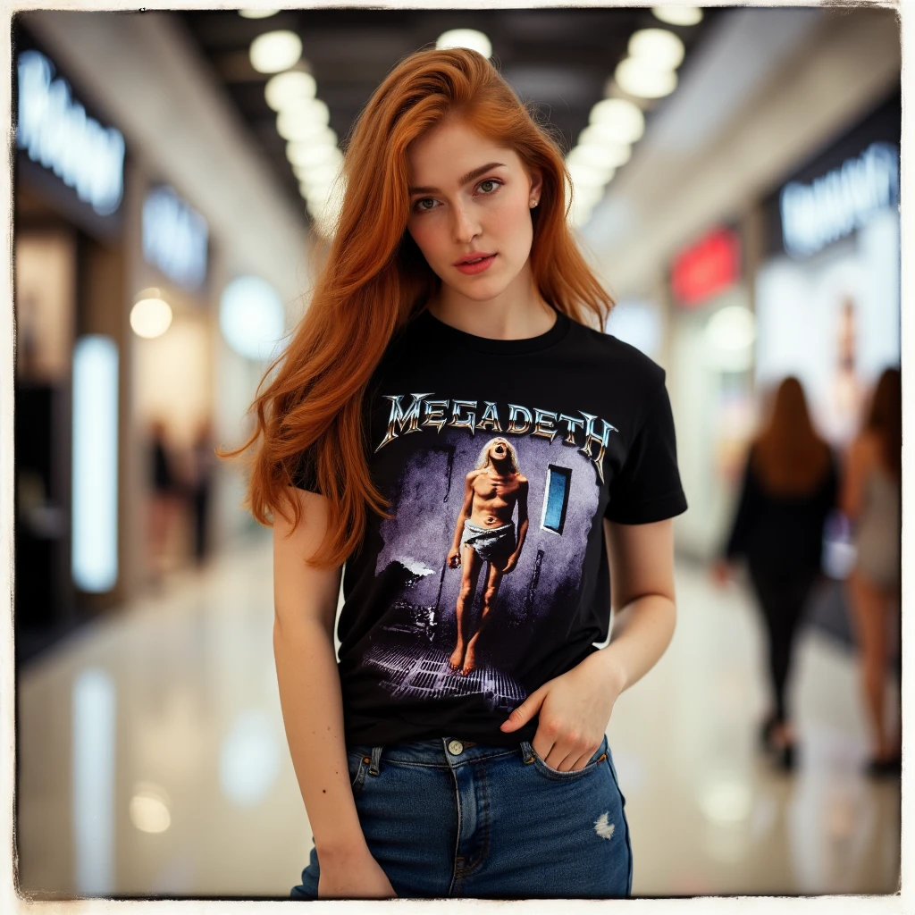 , ultra detailed, ultra realistic, ultra defined texutes, cinematic, cinematic lighting, 8k, analog polaroid, front facing view,  a beautiful woman wearing a megadeth t-shirt, and a denim skirt in a shopping mall, looking at the camera, posing sexy   <lora:Jia lissa 2 1024:1> jialis  <lora:megadeth-countdown:1> m3g4d3th