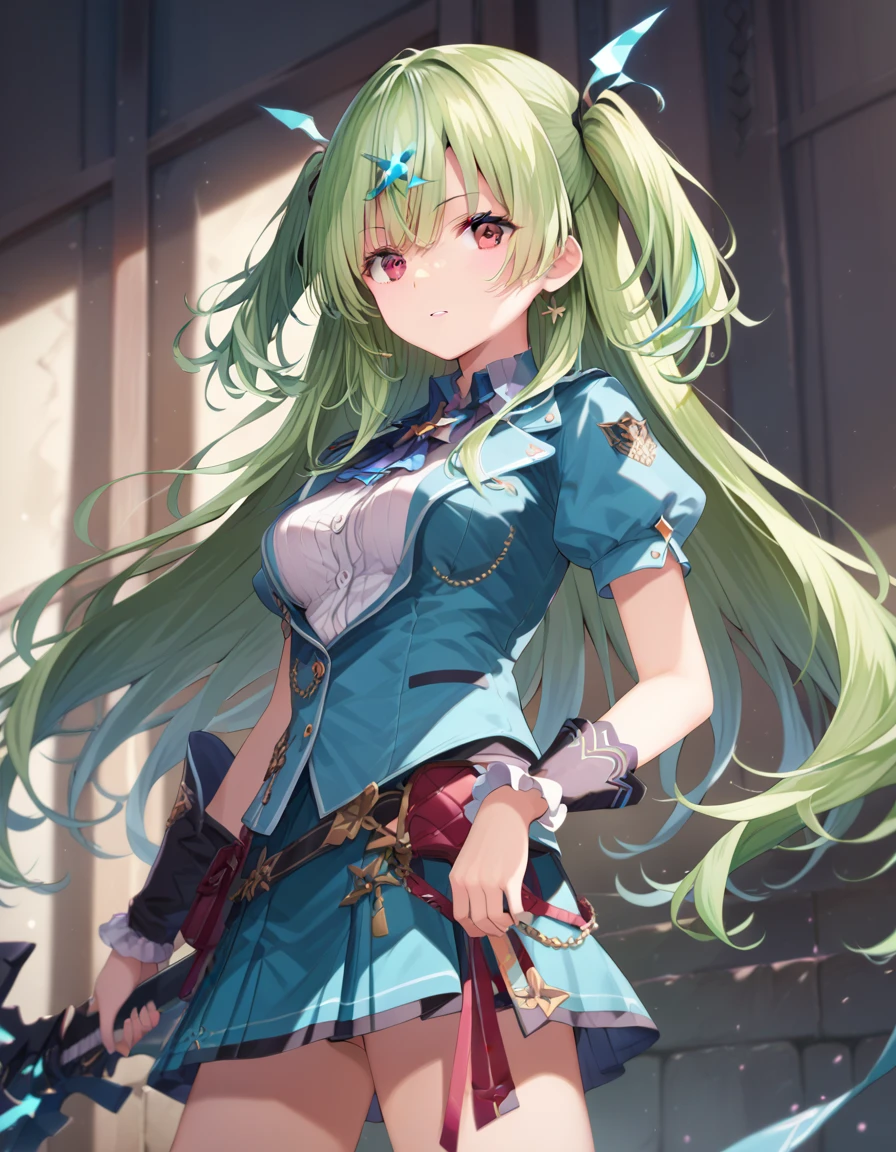 score_9, score_8_up, score_7_up, source anime,  masterpiece, best quality, highres, 1battle girl , isuzuosm, shirt, mini skirt, medium breasts, cowboy shot, green hair, long hair, red eyes<lora:oshimaisuzu_XL_V1:.9>